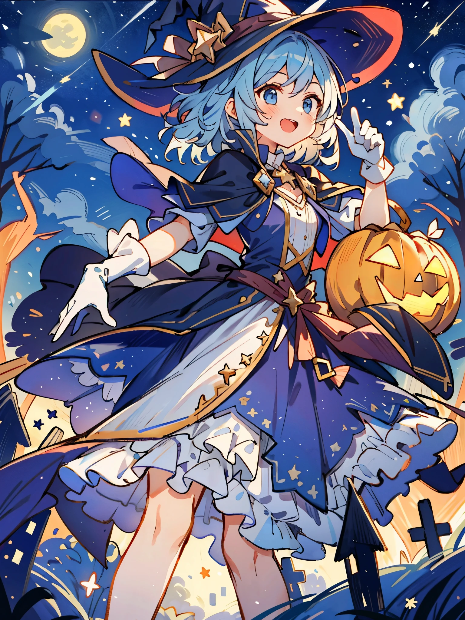 ((masterpiece:1.2, best quality)), 1girl, solo, (witch hat), a close up of a girl with curl hair, short hair, dress, aurora, night, star (sky), gloves, sky, dress, night sky, open mouth, starry sky, light blue eyes, ribbons, smile, cape, blue hair, magic, casting spell, night, (impressionism:1.4), alphonse mucha, Halloween colors, colorful candy
