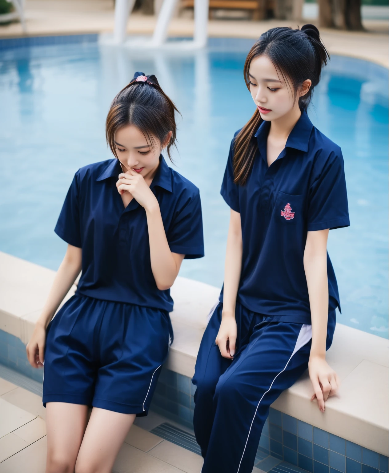 2 girls by the swimming pool, Navy blue short-sleeved shirt,Navy Long Trackpant,Sweatpants, Sweatpantsขายาว,25 year old girl, lesbian, sexy, exercise clothes, wet body, Dip your feet in the water