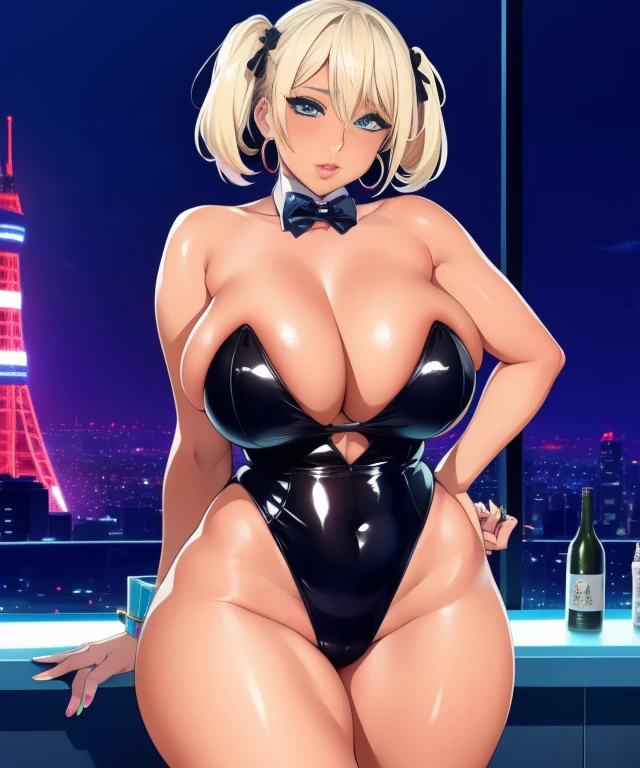 1 girl,  (((slut))),hoop earrings, swollen lips, painted lips, thick lips. 
blonde hair, short twin tails, wide hips, thick thighs, Bursting breasts Nightlife, City of night, サイbarパンクシティ, futuristic cityscape. neon light, (Skyscraper:1.1), Tokyo Tower, Palm tree, cloth sign, Laji stall, night club. bright city lights, exotic cars. alcohol, bar, Laji, soup stall ,alcohol bottles,