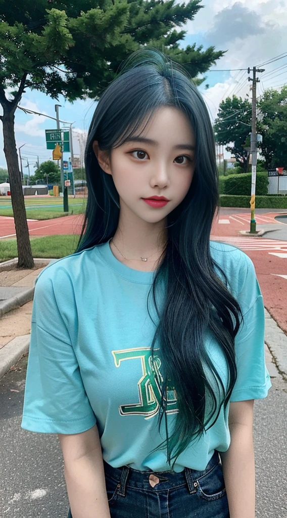 Girl posing with green dyed hair next to a street sign, in an anime aesthetic style, dark cyan and light blue, Han Dynasty, dark blue and green, softball, dark blue and sky blue, eye-catching 