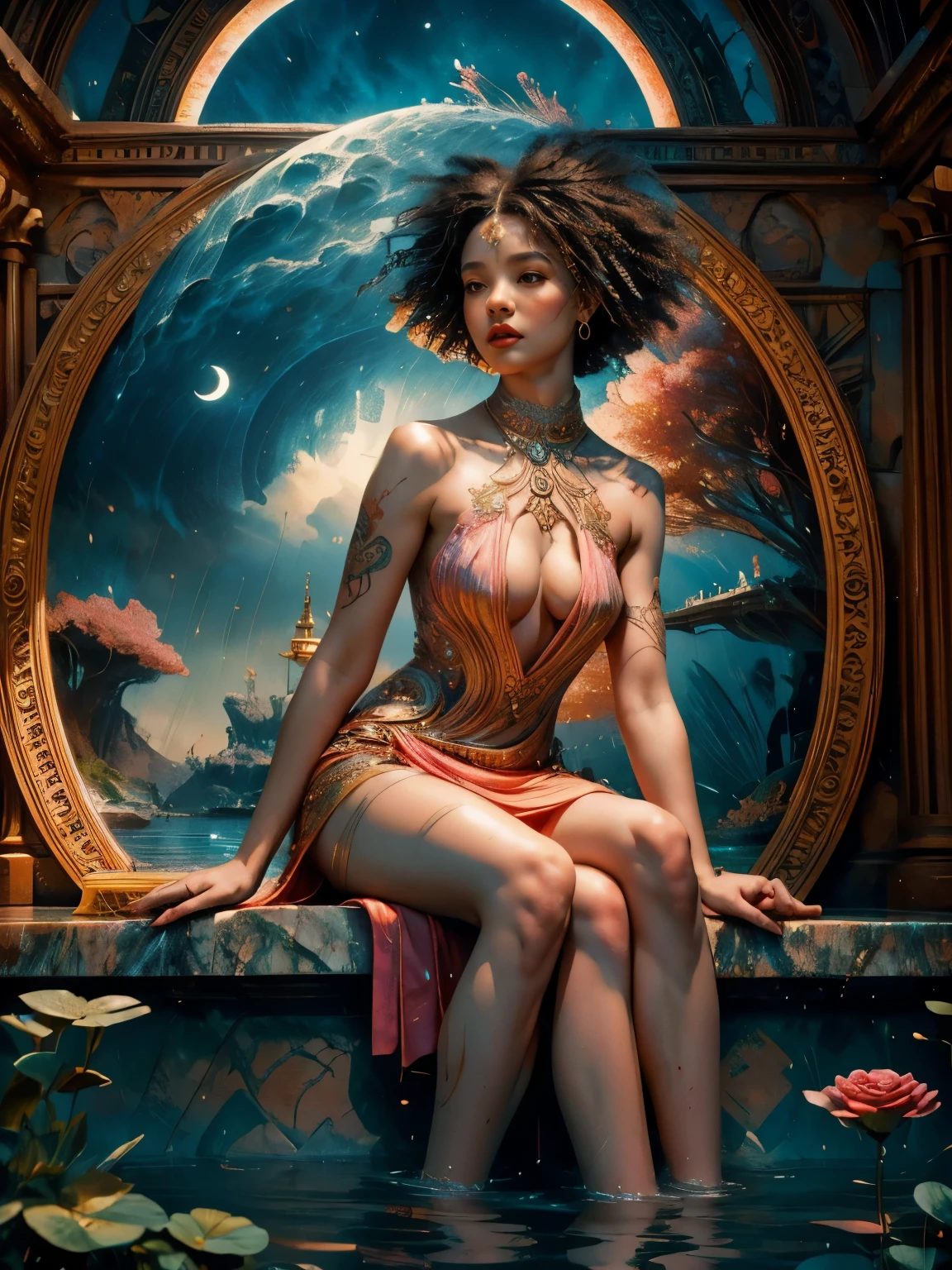 Textures: 1.5, orange: 1.1, white: 1.3, yellow: 1.3, (redhead woman), sexy, tattoos, (power puffer clothes: 1.2), 3d graffitti, abstract, lines, background circles, by Adam Hughes, art by Jay Anacleto,MASTERPIECE, Stunning, Spectator, reality, full body shot, black and brown hair, long afro styled hair, real water, bathing in river pond, extremely detailed art, blushing, water running down body, small breasts, open legs , sexual arousal, sexual expression, glowing skin, intricate, elegant and highly detailed digital photography, majestic and surreal painting, golden butterfly filigree, beautiful finely detailed eyes: 1.2), hdr, (masterpiece), best quality, expressive eyes looking out of the corner of your eye, perfect face, portrait of a beautiful goddess with afro hair, latin brown skin, intricate digital photography, elegant, highly detailed, majestic, (detailed background window to a new dimension, plants and flowers: 0.7) night sky with moon full, highly detailed face and body, cinematic lighting, photorealistic, 1 girl, 18 years old, dark brown eyes, big eyes, pink lips, bald pussy, well lit, beautiful and aesthetic: 1.2), (fractal art: 1.3), colorful , beautiful goddess emerging from the ocean, full female body, wild waves, big waves, oriental mandala tattoos, transparent dresses merged into sea, skin wet with water, stormy sky, sunset sky, red storm clouds, ancient temple floating in the sea, floating old clock, lamp, lantern, beautiful girl with a slight smile, forest, flowers and roses, visible vagina, pink vagina, no panties, ((sitting on a marble pedestal)), front view, magic, fantasy , Lord of the Rings world, waterfall, mandala and flower tattoos on naked body, toes submerged in water, mostly cloudy sky (very detailed CG unity 8K wallpaper), exposed breasts, naked girl, beautiful area pubic visible, wlop art style, nsfw 1.5, 8k, movie poster, roman columns of ancient temple, ancient temple flooded with water, floating ancient clock,