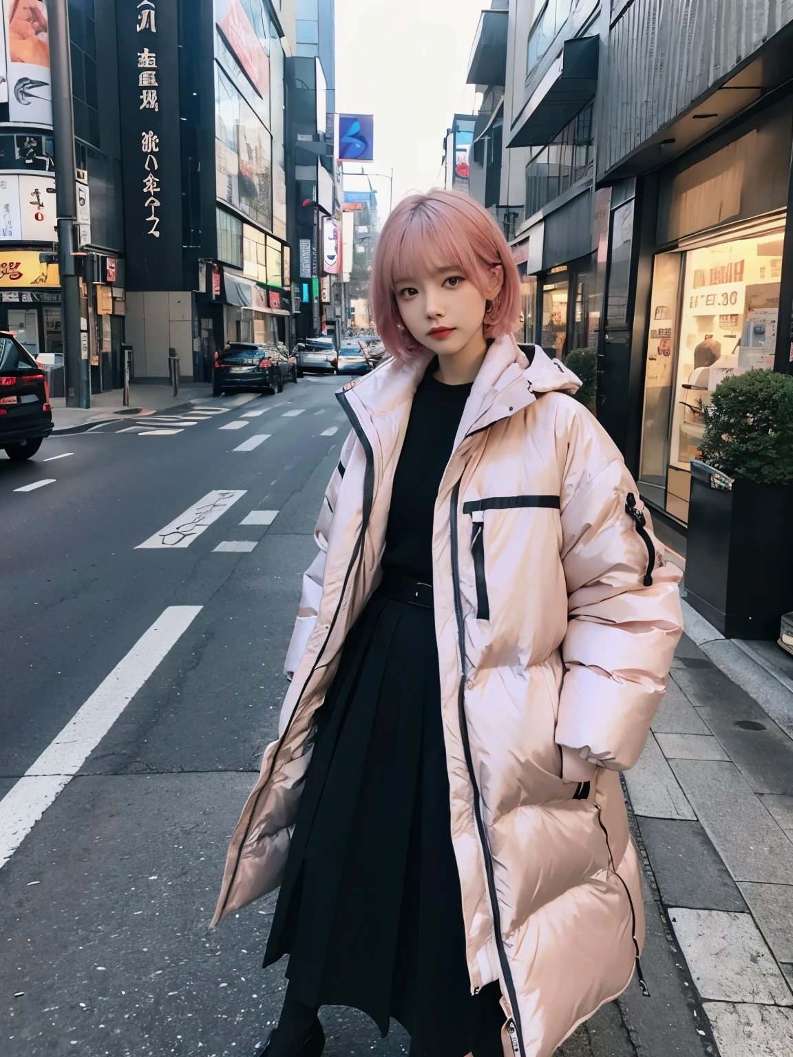 fullbody, (((wearing big Down jacket ))), wearing long skirt,// Bewitching eyes, well-balanced eyes, //street snap // ((facing viewer)), //at the street in tokyo, //japanese lady, pale skin, //droopy eyes,//short pink hair, //((standing)), high quality:1.3, Professional lighting:2.0 realistic:1.2, 4k resolution, detailed skin, masterpiece:1.1