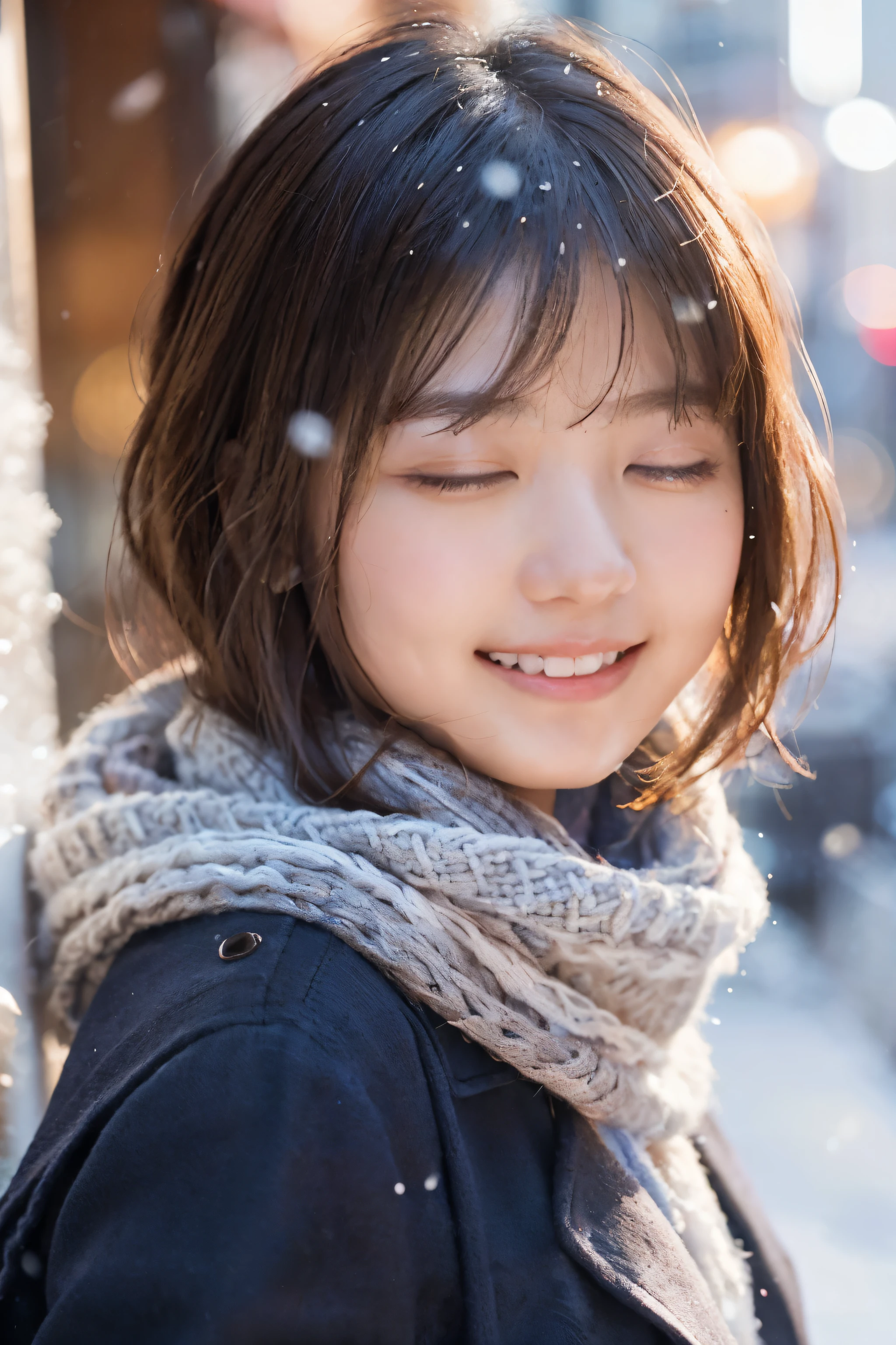 ((no makeup、close your eyes、close your mouth:1.2))、(realistic、Photoreal、Super detailed、best detailed skins、highest quality、masterpiece、ultra high resolution)、cute japanese woman、17 years old、high school girl、young girl、1 girl、have bangs、double eyelid、drooling eyes、Japanese style face、purity、double teeth、realistic肌タイプ、thick muffler、Grey muffler、fluffy hair、((hair is inside the scarf:1.3))、red cheeks、the wind is blowing、that'that'It's snowing、night、illumination、light comes from behind、smile with closed eyes、sexy