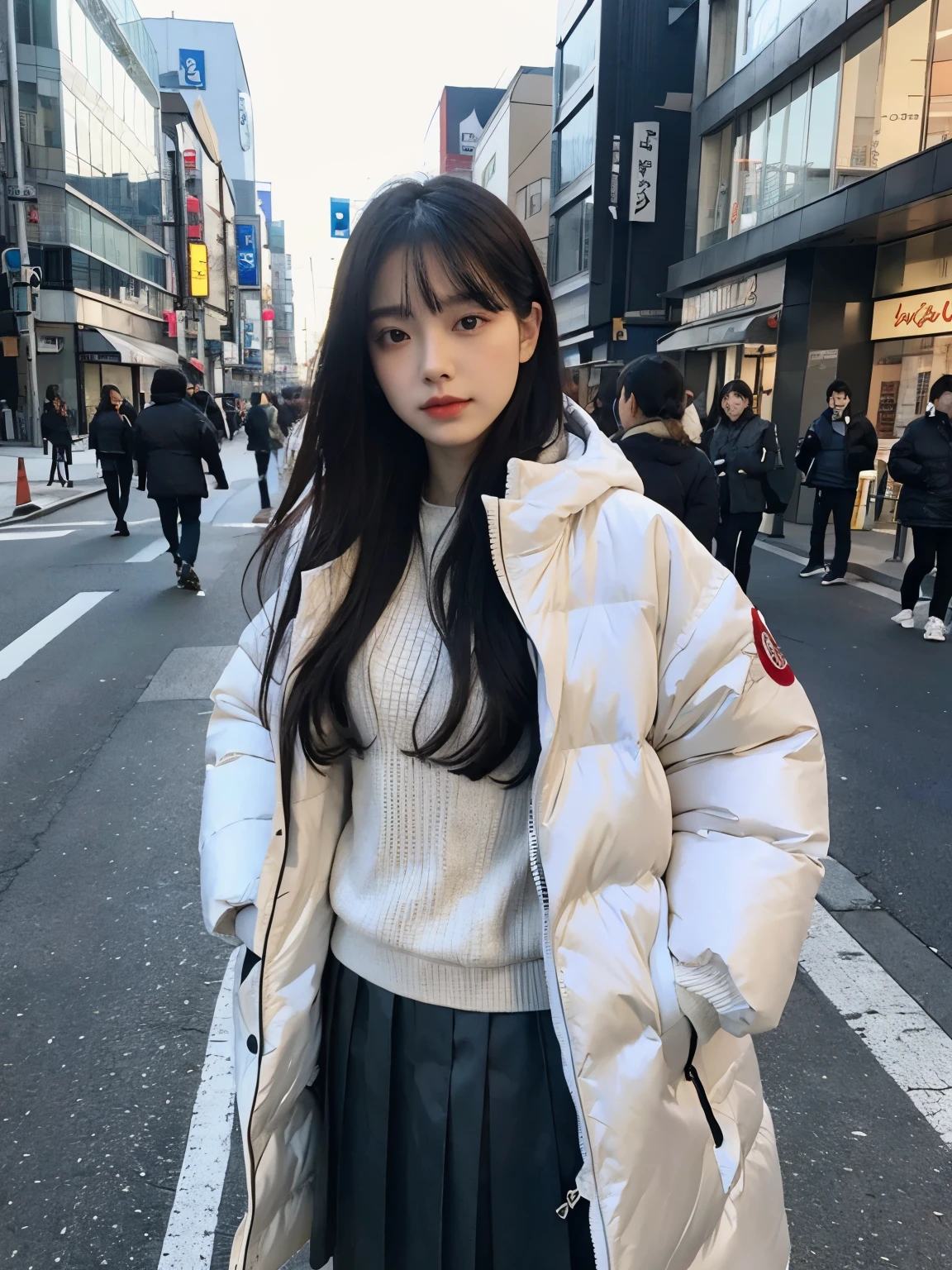 fullbody, (((wearing big Down jacket ))), wearing long skirt,// Bewitching eyes, well-balanced eyes, //street snap // ((facing viewer)), //at the street in tokyo, //japanese lady, pale skin, //droopy eyes,//permanent wave, //((standing)), high quality:1.3, Professional lighting:2.0 realistic:1.2, 4k resolution, detailed skin, masterpiece:1.1