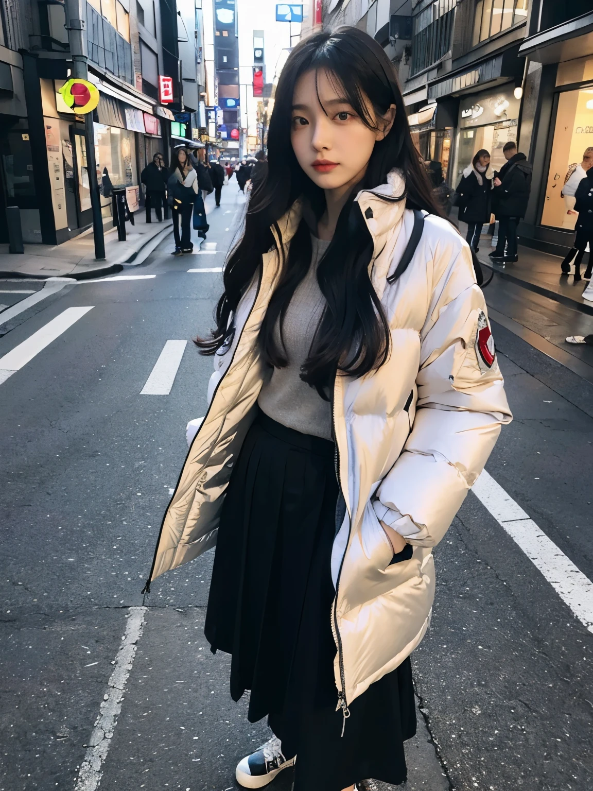 fullbody, (((wearing big Down jacket ))), wearing long skirt,// Bewitching eyes, well-balanced eyes, //street snap // ((facing viewer)), //at the street in tokyo, //japanese lady, pale skin, //droopy eyes,//permanent wave, //((standing)), high quality:1.3, Professional lighting:2.0 realistic:1.2, 4k resolution, detailed skin, masterpiece:1.1