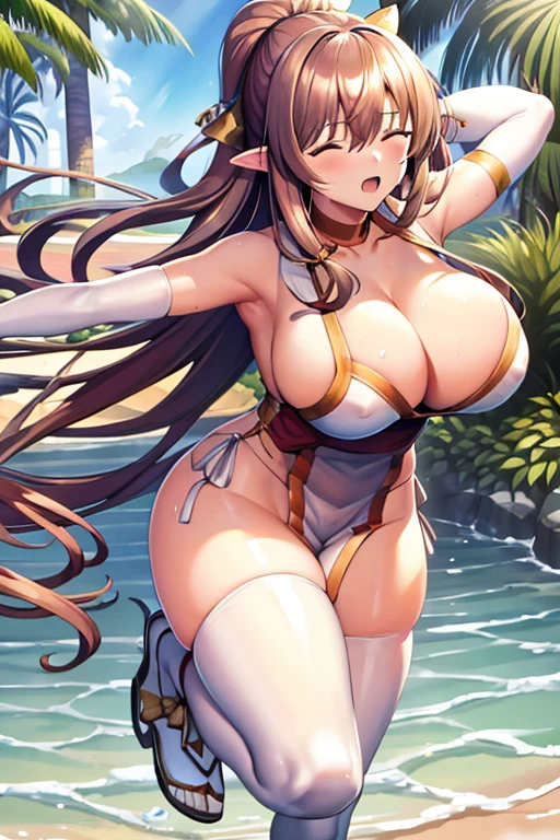 masterpiece, high resolution, best quality, beautiful art, 1 woman, Rinna Mayfield, big breasted, cleavage, white kunoichi dress, full body , sexy outfit, pelvic curtain, sexy legs and thighs, full body, ryona, in peril, she is being beaten up, reacting to pain, she is being slammed against the wall, screaming in agony, closed eyes, perilous scene, weak and vulnerable, pelvic curtain lifted, bouncing breasts, beach environment