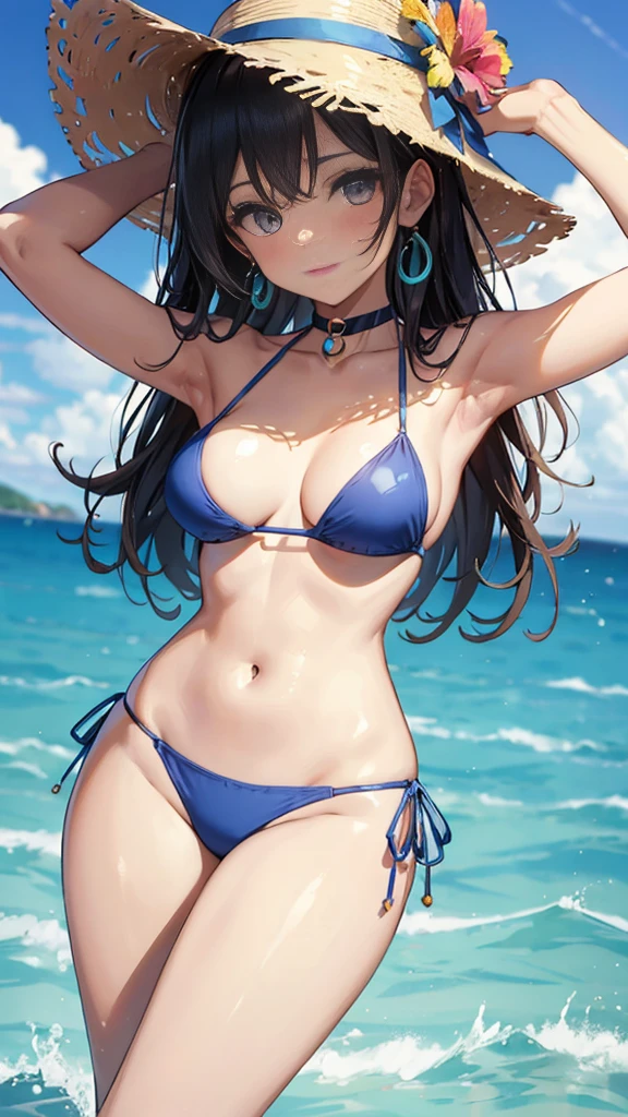 a close up of a woman in a neon pearl bikini and a chic hat, donning a two-piece swimsuit with a trendy halter top, her figure complete and radiant in her bikini attire, the vintage bikini vestido hugging her body perfectly, capturing her allure and charisma as a model exuding cuteness and confidence, her accessorized look including a striking choker and a cute sun hat, showcasing a sling bikini top and a playful three-piece ensemble.