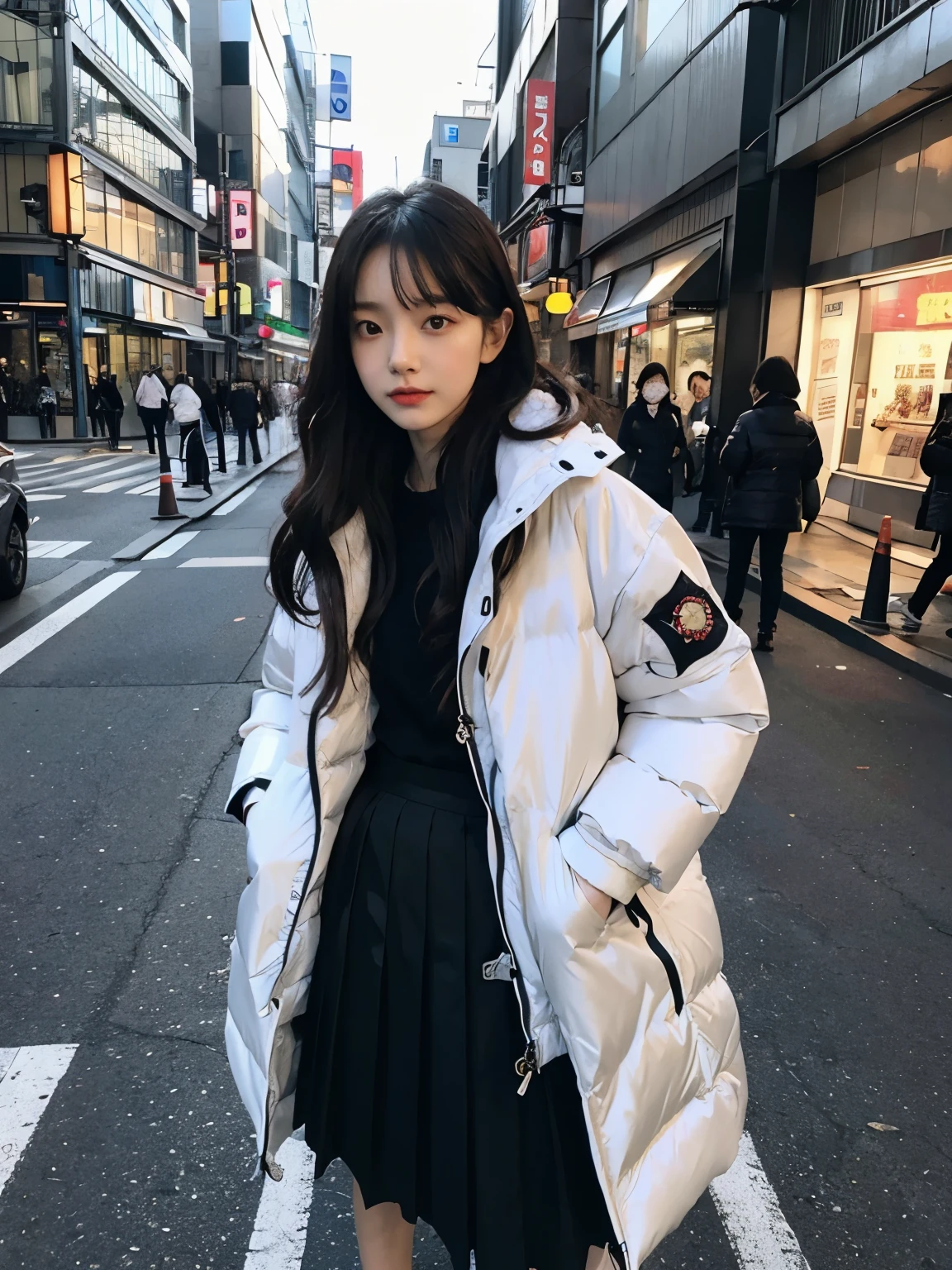 fullbody, (((wearing big Down jacket ))), wearing long skirt,// Bewitching eyes, well-balanced eyes, //street snap // ((facing viewer)), //at the street in tokyo, //japanese lady, pale skin, //droopy eyes,//permanent wave, //((standing)), high quality:1.3, Professional lighting:2.0 realistic:1.2, 4k resolution, detailed skin, masterpiece:1.1