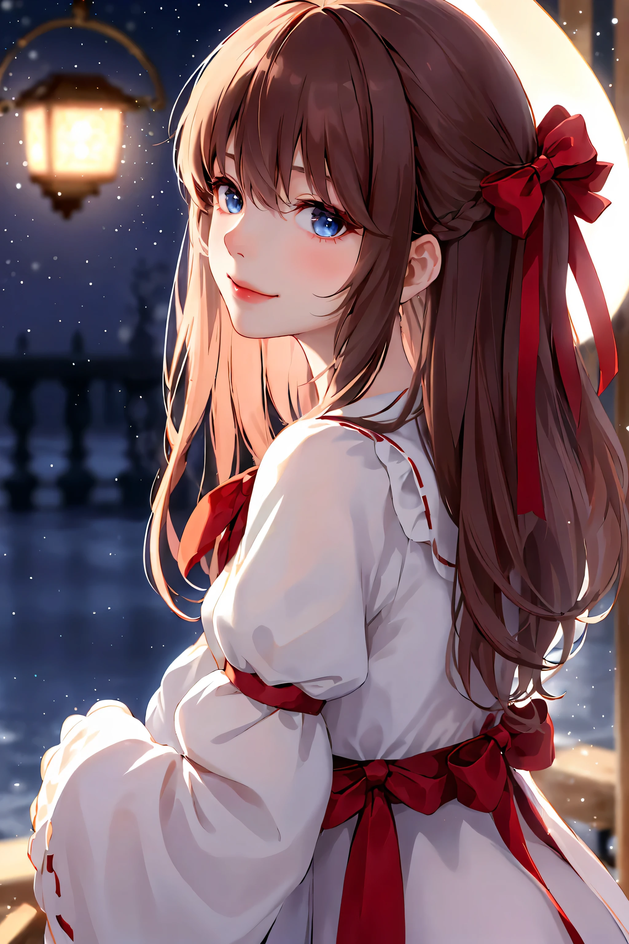 (extremely delicate and beautiful:1.2),1girl,fashi-girl, bangs, blue eyes, blurry, blurry background, bow, brown hair, closed mouth, from side, hair between eyes, hair bow, lantern, light particles, long sleeves, looking at viewer, medium hair, night, red bow, solo, star \(symbol\), upper body,smile,red lips