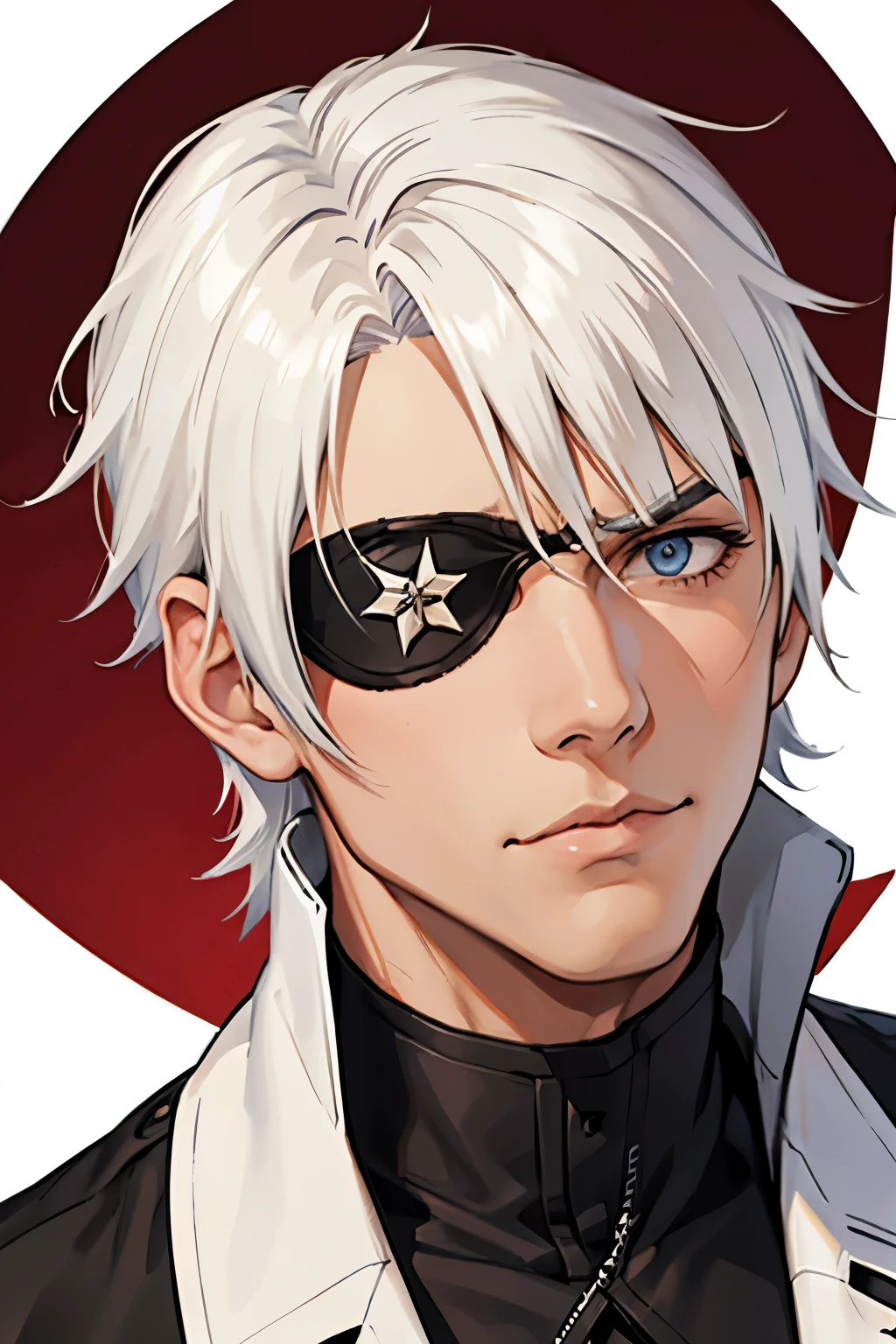 1 man, mature, white hair, serious expression, eyepatch on left eye