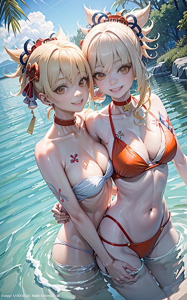 2 girls smiling in water in bathtub,No teeth exposed. Female twins, vibrant with colors,natural lightting, Best quality at best, Chest to chest, hugging eachother, sunny masterpiece, Navel Exposed, face flushed, Orange swimsuit hugging each other' , full, 饱full big breast 露肚脐