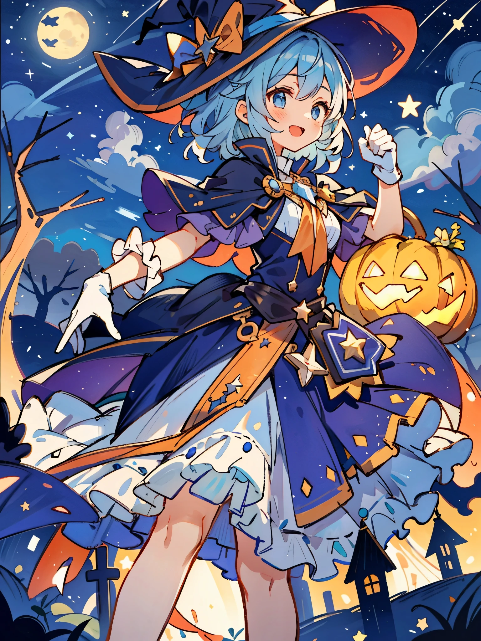 ((masterpiece:1.2, best quality)), 1girl, solo, (witch hat), a close up of a girl with curl hair, short hair, dress, aurora, night, star (sky), gloves, sky, dress, night sky, open mouth, starry sky, light blue eyes, ribbons, smile, cape, blue hair, magic, casting spell, night, (impressionism:1.4), alphonse mucha, Halloween colors, colorful candy