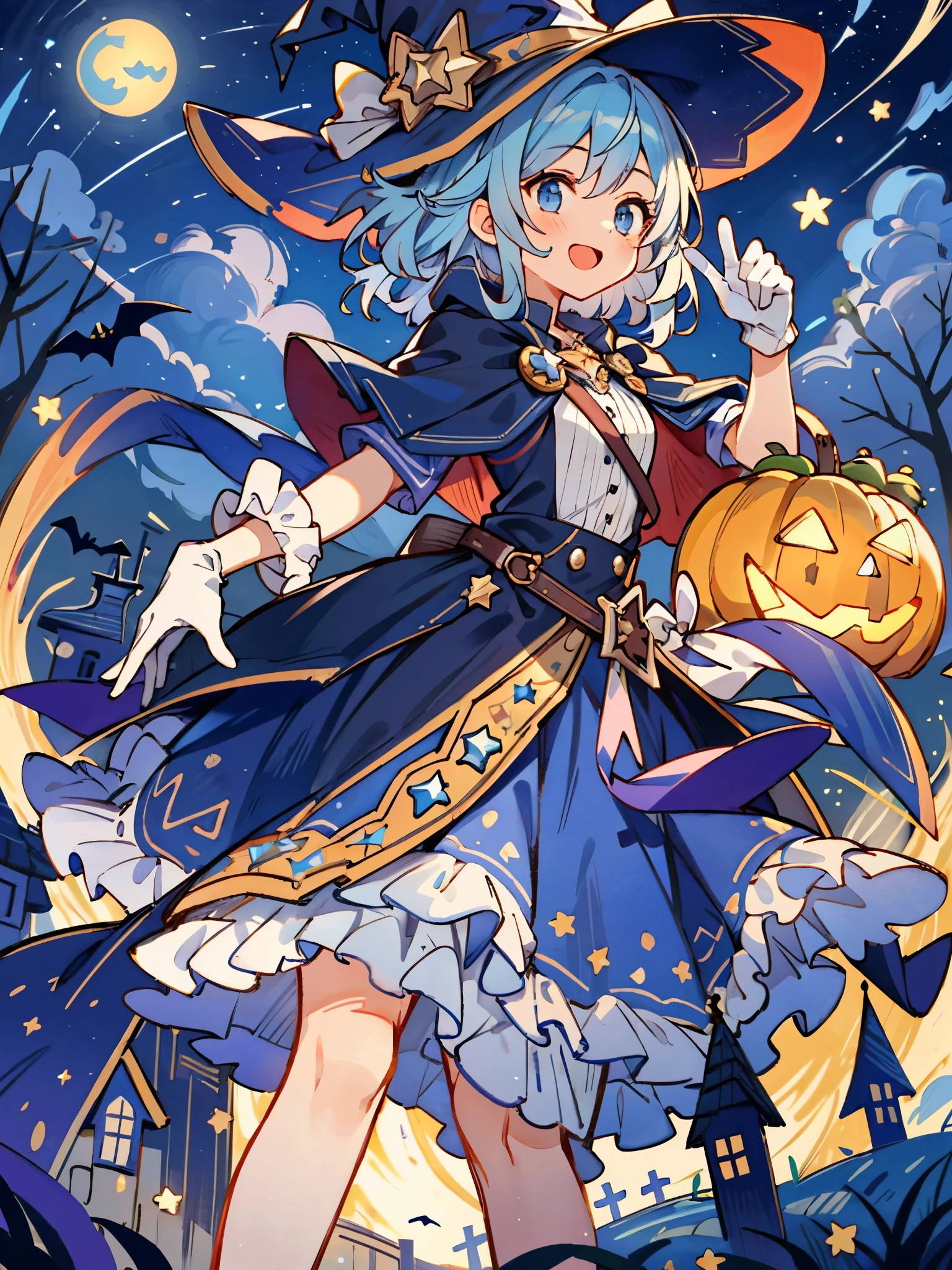 ((masterpiece:1.2, best quality)), 1girl, solo, (witch hat), a close up of a girl with curl hair, short hair, dress, aurora, night, star (sky), gloves, sky, dress, night sky, open mouth, starry sky, light blue eyes, ribbons, smile, cape, blue hair, magic, casting spell, night, (impressionism:1.4), alphonse mucha, Halloween colors, colorful candy