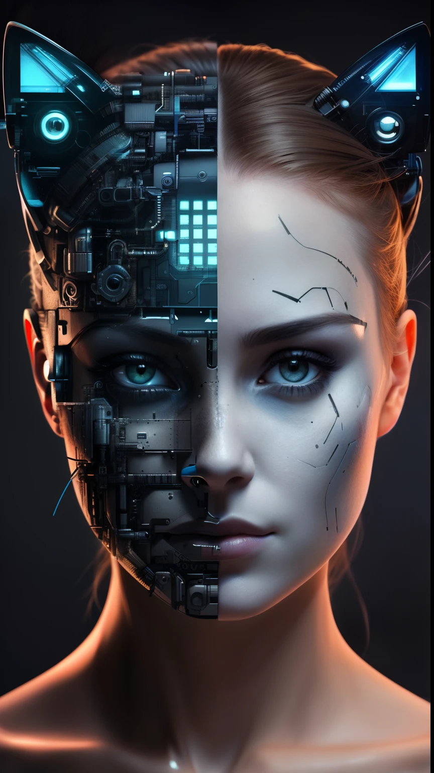 a close up of a woman with a cat's head and a broken face, half robot and half woman, portrait of a cyborg, she half human and half robot, close-up portrait of cyborg, cybernetic machine female face, symmetry!! portrait of cyborg, detailed portrait of a cyborg, portrait of a female android, portrait of a sci - fi woman