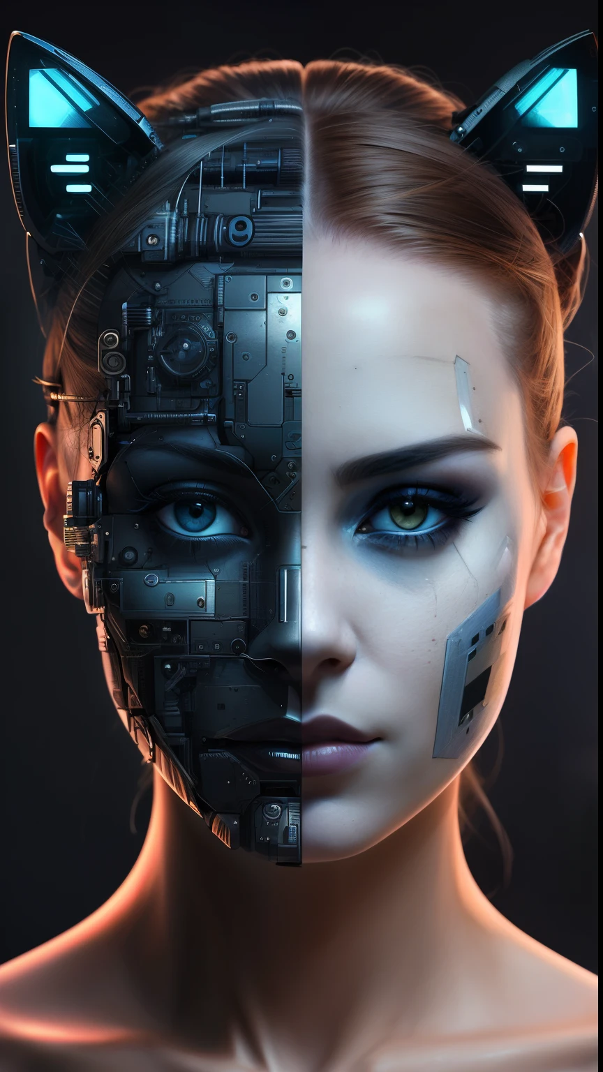 a close up of a woman with a cat's head and a broken face, half robot and half woman, portrait of a cyborg, she half human and half robot, close-up portrait of cyborg, cybernetic machine female face, symmetry!! portrait of cyborg, detailed portrait of a cyborg, portrait of a female android, portrait of a sci - fi woman