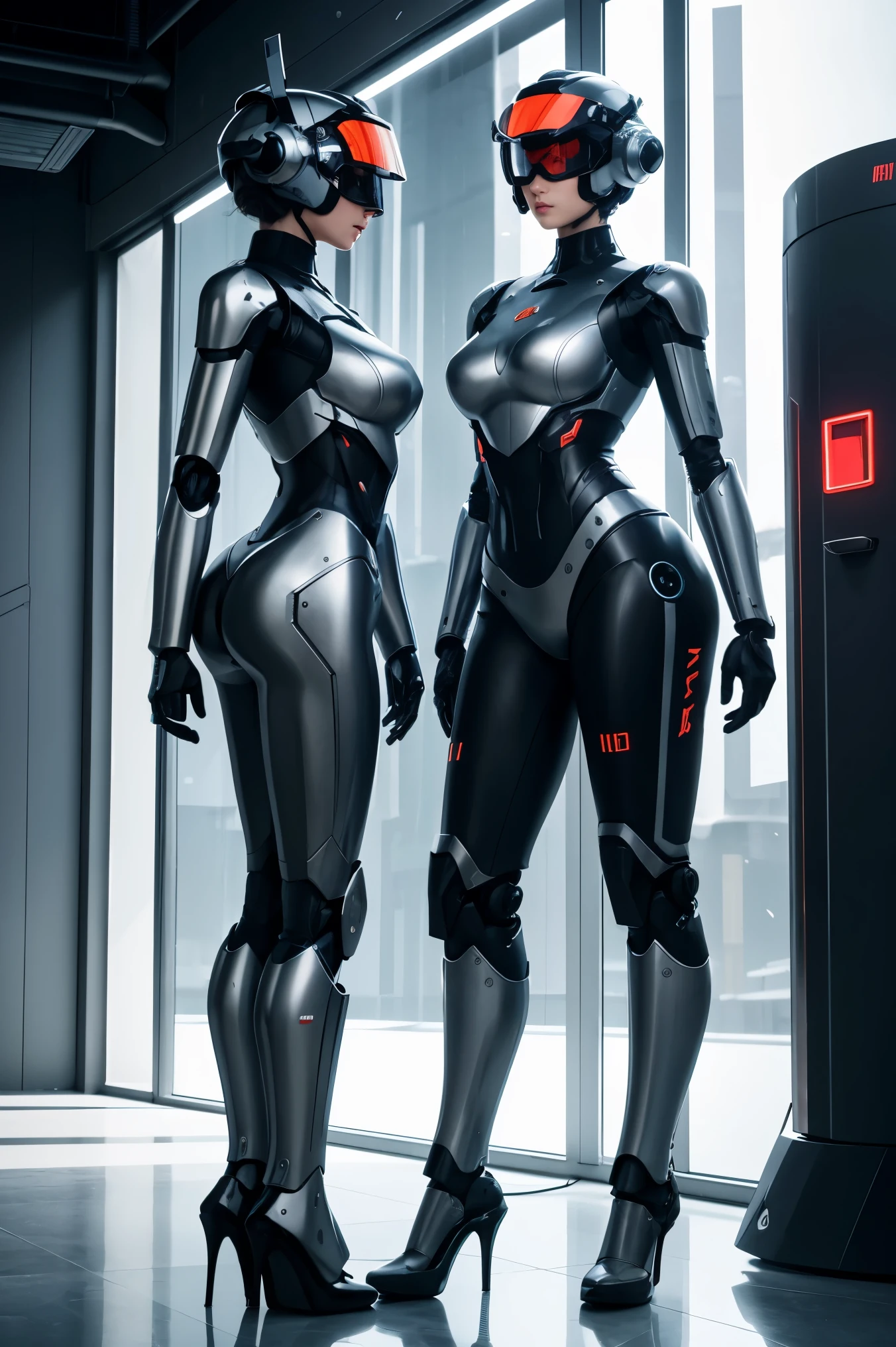 Two female robots side by side　The whole body machine is exposed　Lamps are shining all over the body　Head and face are also covered with helmet and full visor　There is not much difference in height　Feet shaped like high heels　standing　Dentro do Instituto