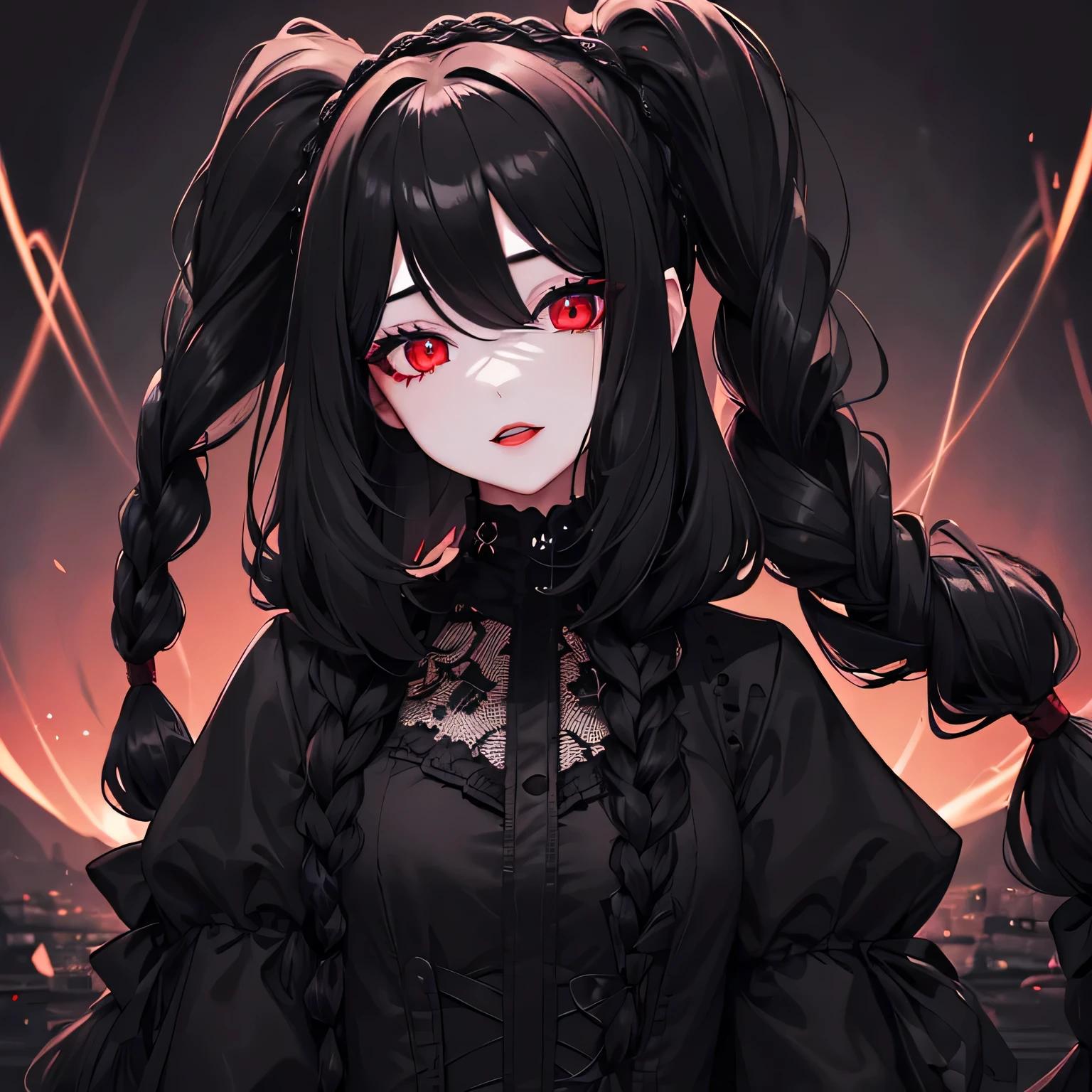 1 girl,Depp's Sense,confused,catch light,Super beautiful illustration,(black color,long hairstyles:1.6),dark dark eyeshadow,bright red lipstick,Gothic ta,;d,beautiful and delicate hair,delicate and detailed red eyes,red light effect,look around