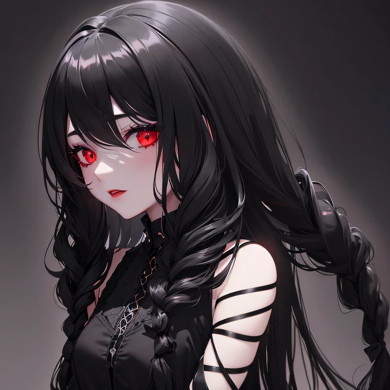 1 girl,Depp's Sense,confused,catch light,Super beautiful illustration,(black color,long hairstyles:1.6),dark dark eyeshadow,bright red lipstick,Gothic Lolita,;d,beautiful and delicate hair,delicate and detailed red eyes,red light effect,look around