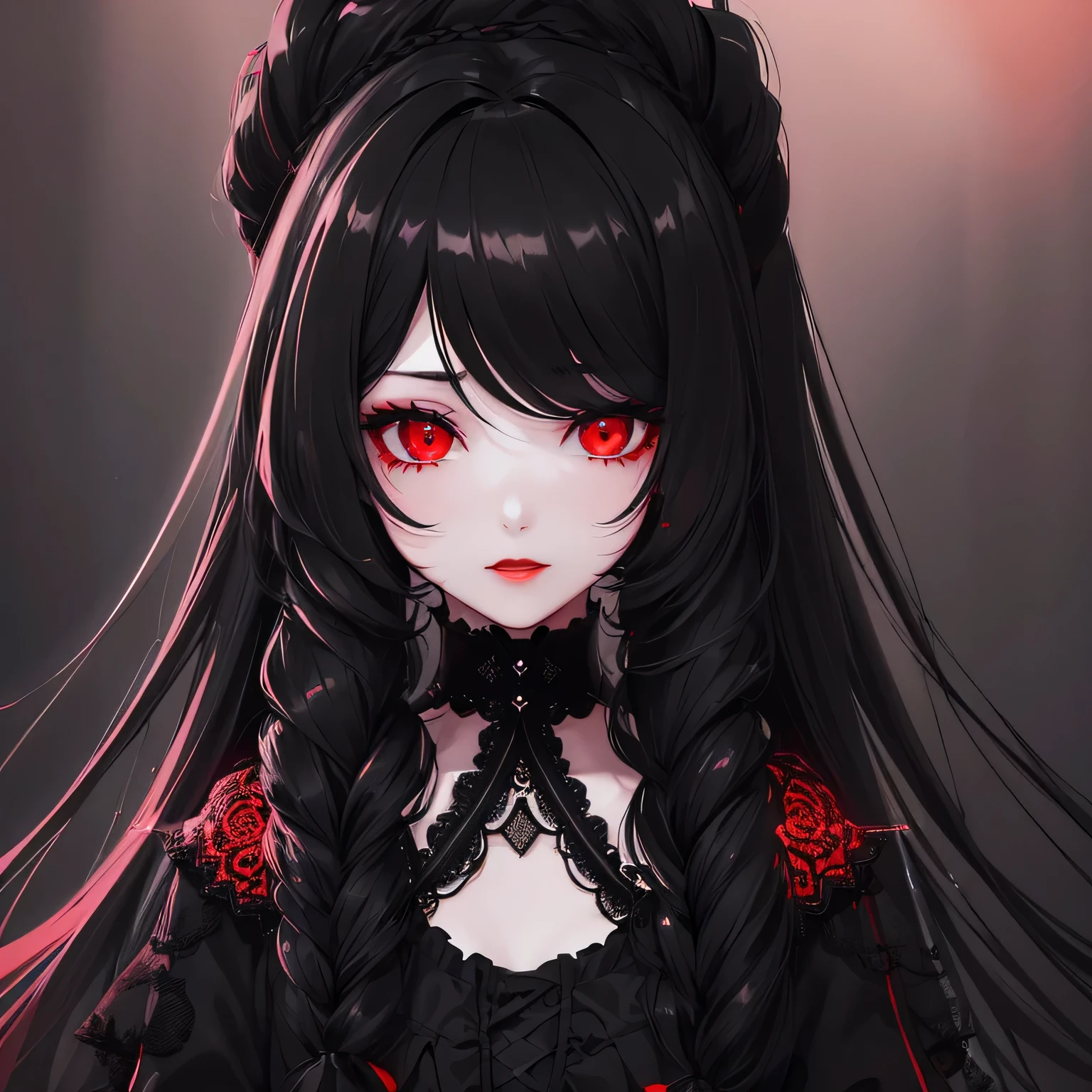 1 girl,Depp's Sense,confused,catch light,Super beautiful illustration,(black color,long hairstyles:1.6),dark dark eyeshadow,bright red lipstick,Gothic Lolita,;d,beautiful and delicate hair,delicate and detailed red eyes,red light effect,look around