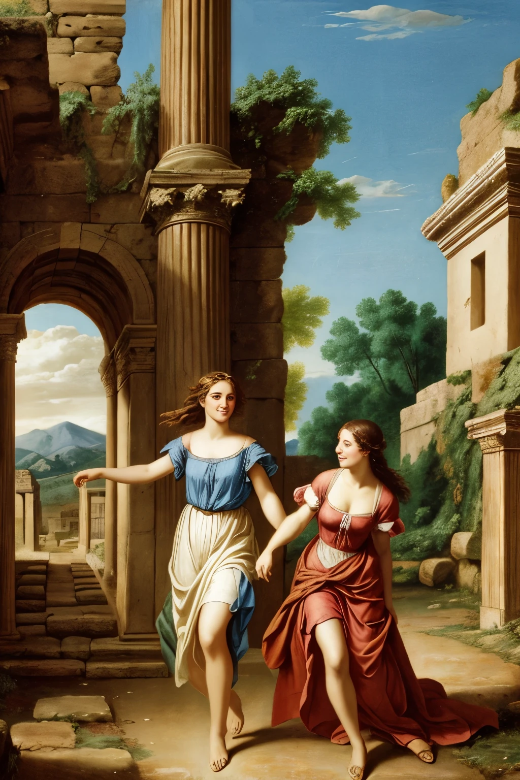 Ancient Roman ruins,landscape in the style of Poussin,A smile,Sweet and seductive appearance.Hair disheveled in the wind,Two women frolicking,Cute smile, Expression of ecstasy,illustration,raw photograph,Best resolution: 16K, Ultra HD,Bokeh,CG, best qualtiy,offcial art,Beauty and aesthetics:1.2,UHD,DSLR