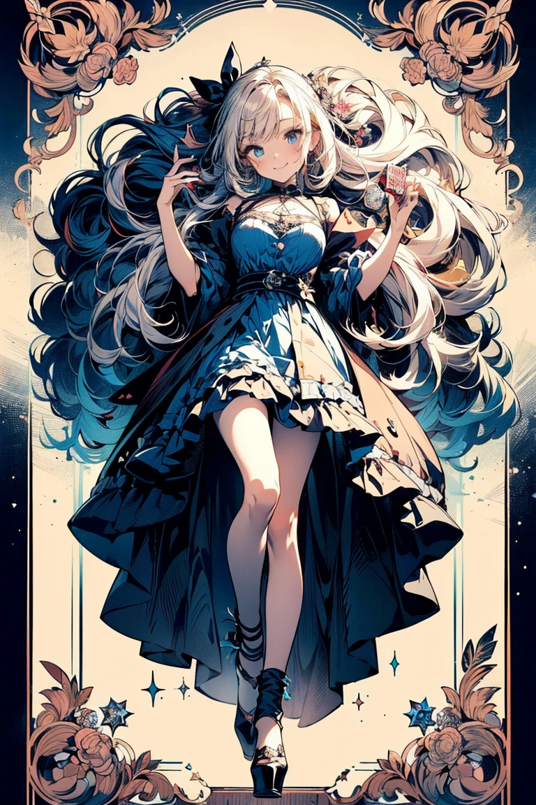 (master piece, high-quality, Mystical, Beautifully Aesthetic, ideal ratio of body proportions, image art, Impresionism), (ultra high resolution, 8K RAW photo, photo realistics, natural lighting, textile shading), (1 matured woman:1.3, solo:1.5, milf:1.1, nsfw:1.25), (Fractal pattern Art:1.2), shinny skin, tile patterns, ((alice in the wonderland:1.2, a girl floating in air:1.35, smiling with half-closing eyes)), ((flying PlayingCards, Trump, floating tea cup, floating tea pot, pocket watch:1.3, big mirror, lip sticks, candys, jam bottles)), cute animetic white rabbit, ((dark-Blue dress :1.5, a miniskirt, White Apron, white sock)), (platinum-blonde, tied hair with a ribbon), (Blue eyes, bright pupils with highlights, detailed eyes), (lying on your back:1.2, leaning backward:1.2, with rising up legs:1.3), ((dutch angle:1.5, full body:1.3, from below:1.2)), Exotic wallpapers, colorful image, simply background, fantastic, fantasy:1.5, ((correct anatomy:1.5, correct hand)), 
