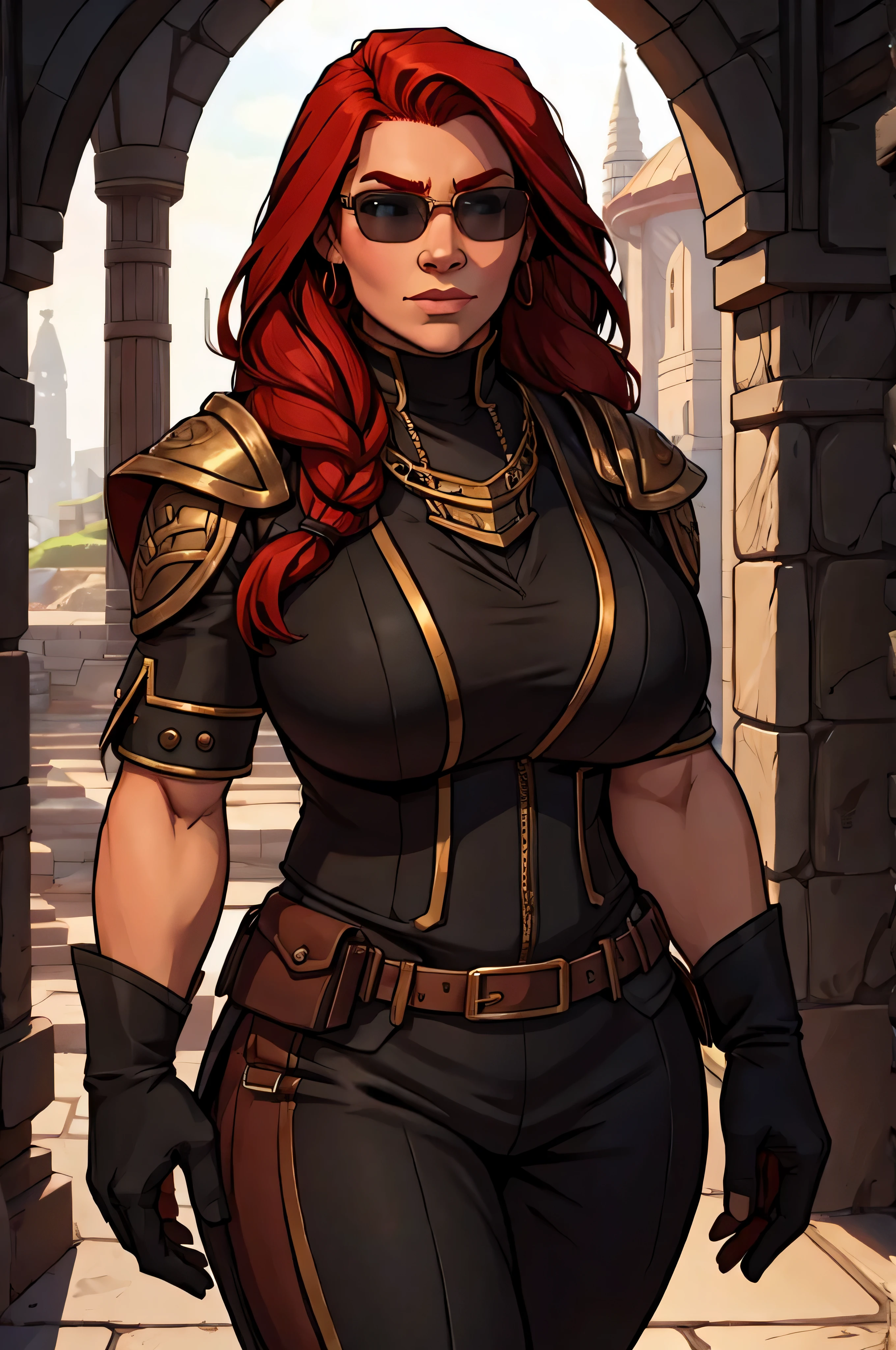 Busty redheaded dwarven female with a black governmental suit and aviators