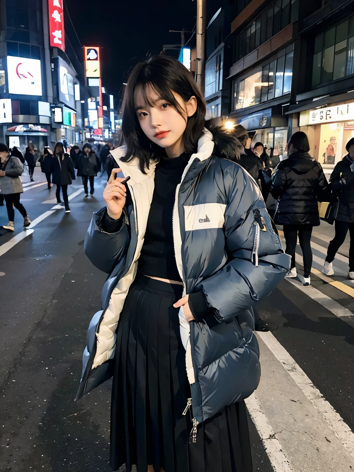fullbody, (((wearing big Down jacket ))), wearing long skirt,// Bewitching eyes, well-balanced eyes, //street snap // ((facing viewer)), //at the street in tokyo, //japanese lady, pale skin, //permanent wave, short hair, //((standing)), high quality:1.3, Professional lighting:2.0 realistic:1.2, 4k resolution, detailed skin, masterpiece:1.1