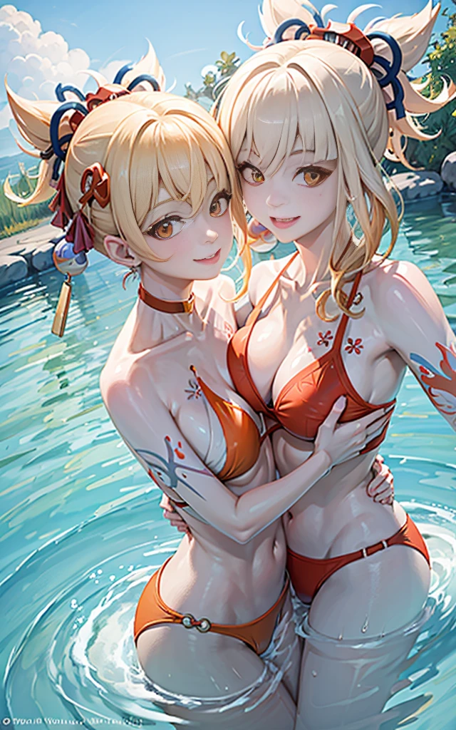 2 girls smiling in water in bathtub，No teeth exposed. Female twins， vibrant with colors，natural lightting, Best quality at best, ????? to ?????, hugging eachother, sunny masterpiece, Navel Exposed, face flushed, Orange swimsuit hugging each other' , full, 饱full big ?????? 露肚脐