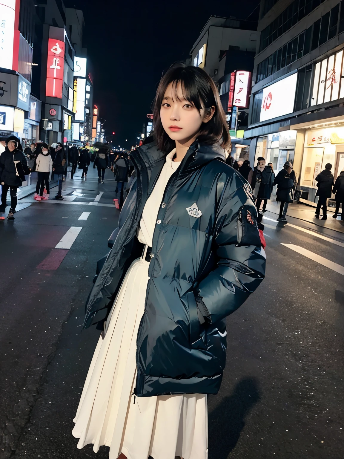 fullbody, (((wearing big Down jacket ))), wearing long skirt,// Bewitching eyes, well-balanced eyes, //street snap // ((facing viewer)), //at the street in tokyo, //japanese lady, pale skin, //permanent wave, short hair, //((standing)), high quality:1.3, Professional lighting:2.0 realistic:1.2, 4k resolution, detailed skin, masterpiece:1.1