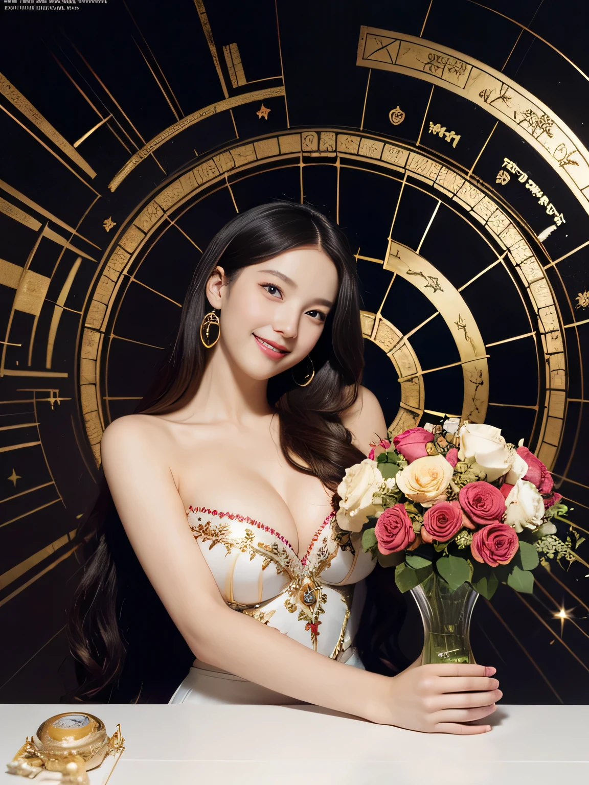 Geometry,stain glass,12 zodiac signs,Vigée Leblanc style,Math、Astronomical utensils,astronault,Roses in a vase,fruits,cute little,A smile,Ancient Greek costumes,Paintings by Sandro Botticelli,Costume with stretched shoulders,huge smile,large full ???????,??????? expression,A ????,Beautiful ?????????,Cute smile