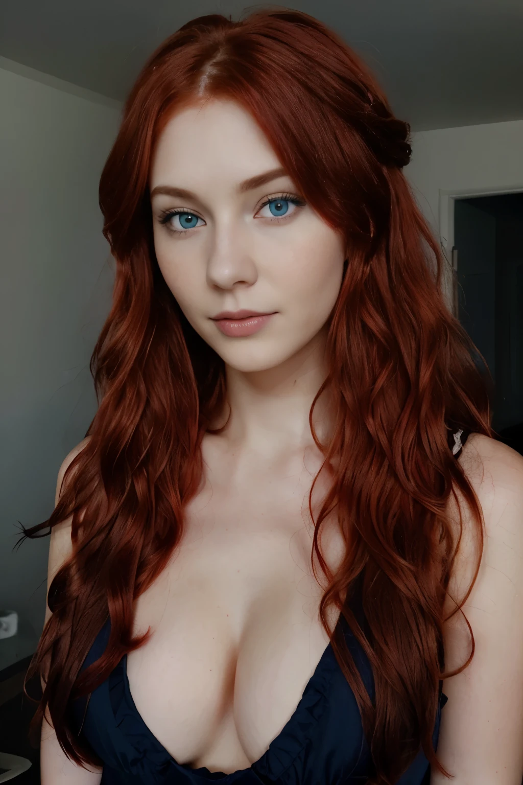 Ultra realistic, 23 year old Swedish female, dyed red hair, medium length extremely curly layered hairstyle, bright blue eyes, high cheek bones, pale skin tone, dark tan lines