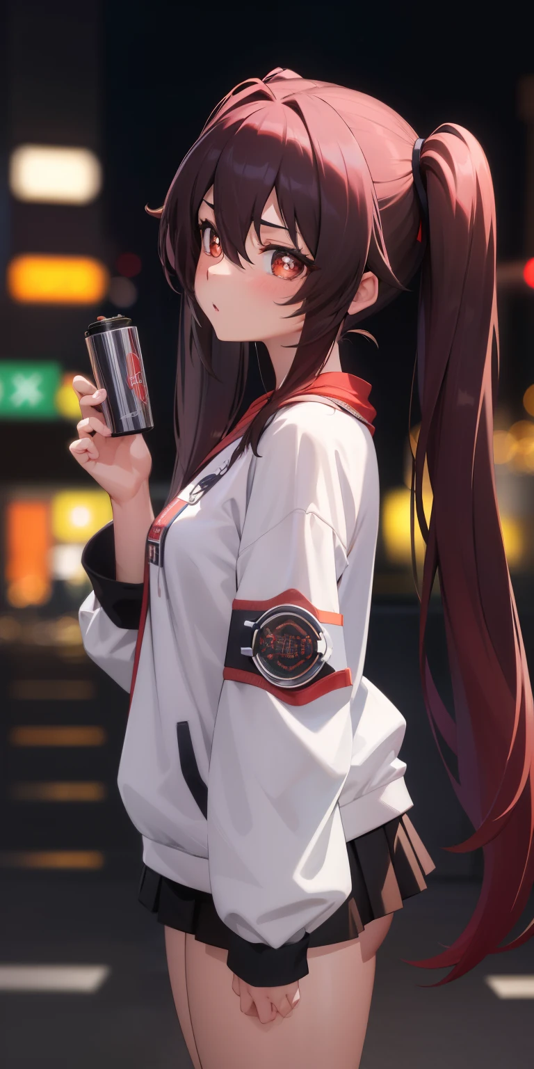 masterpiece, best quality, HuTaoV4, 1girl, solo, blush, twintails, long hair, hair between eyes, ((streetwear clothes)), city, outdoors, night, movie poster, extremely detailed 8K, smooth, high resolution, ultra quality, cinematic lighting, ambient occlusion, hd, 2k, 4k, 8k, 16k, extremely detailed anime, detailed faces, perfect composition, wide shot, atmospheric lighting, 