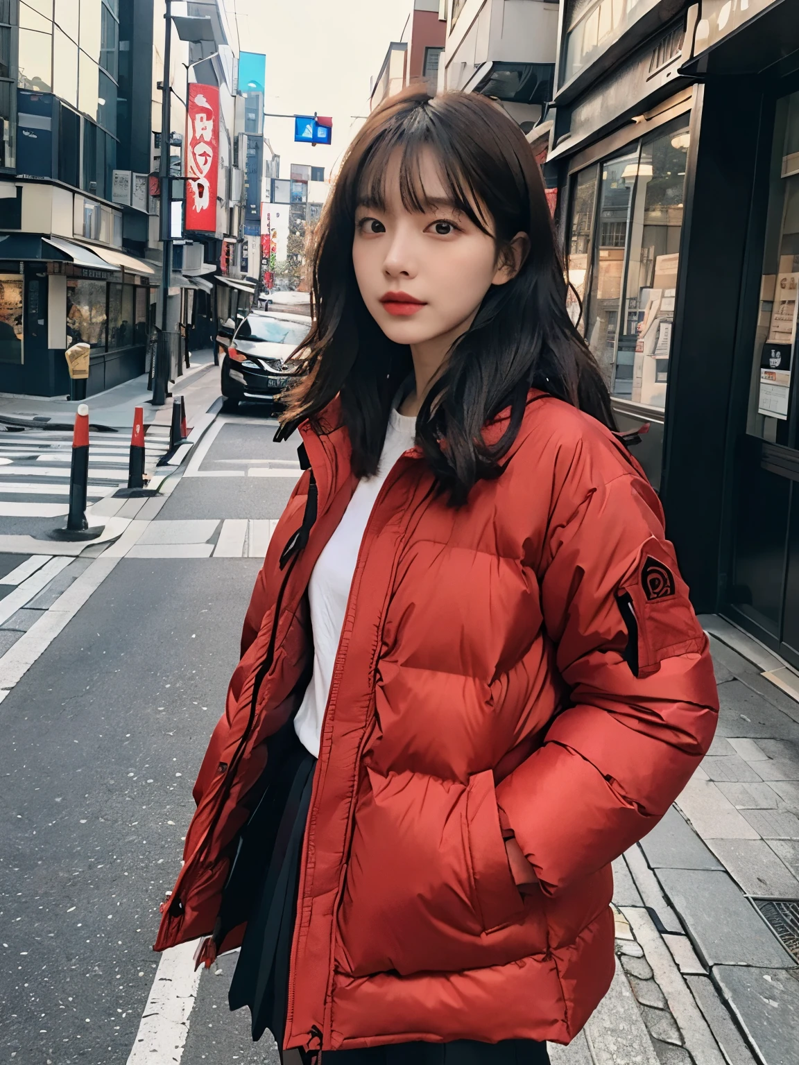 fullbody, (((wearing big red Down jacket ))), wearing long red skirt,// Bewitching eyes, well-balanced eyes, //street snap // ((facing viewer)), //at the street in tokyo, //japanese lady, pale skin, //permanent wave, short hair, //((standing)), high quality:1.3, Professional lighting:2.0 realistic:1.2, 4k resolution, detailed skin, masterpiece:1.1
