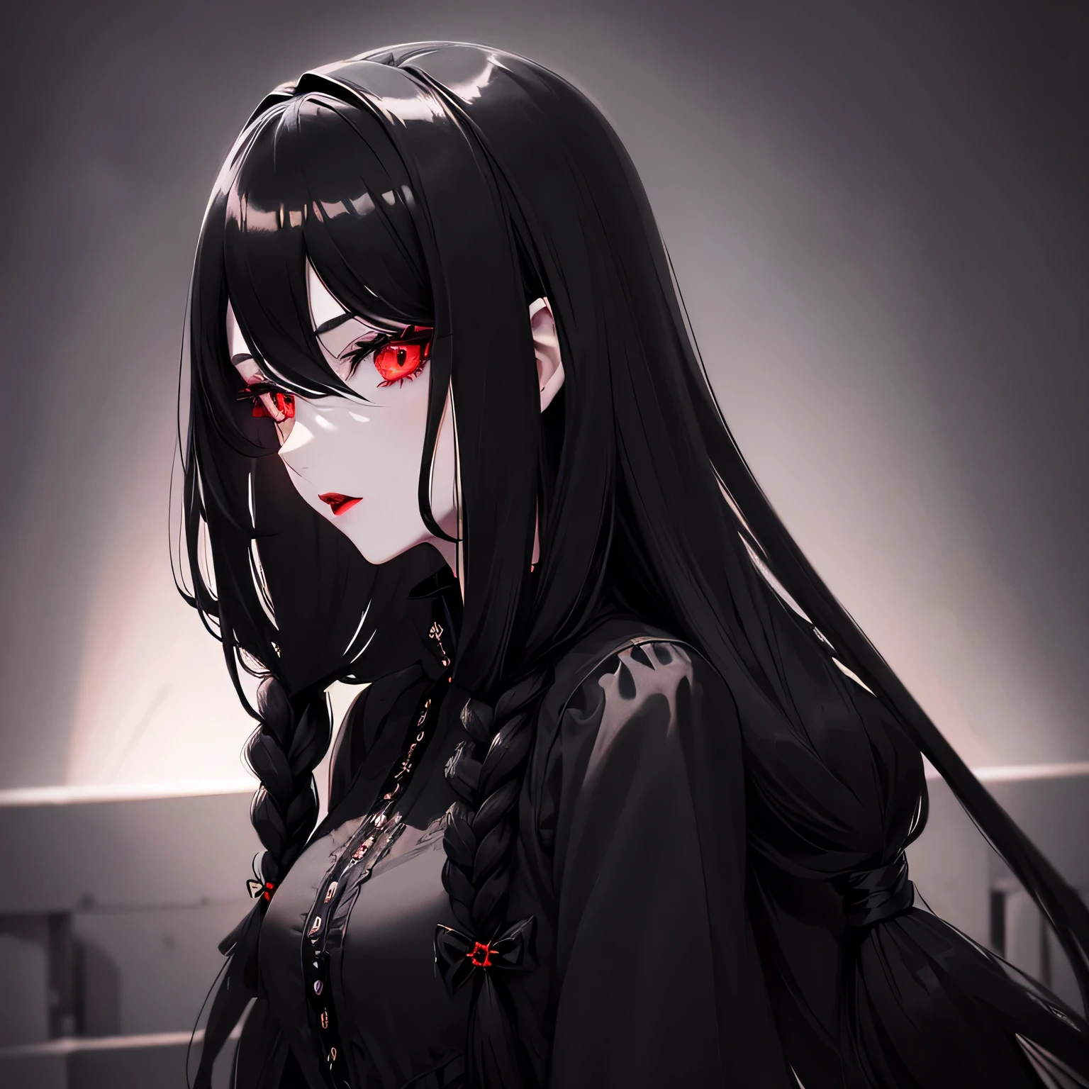 1 girl,Depp's Sense,confused,catch light,Super beautiful illustration,(black color,long hairstyles:1.6),dark dark eyeshadow,bright red lipstick,Gothic Lolita,;d,beautiful and delicate hair,delicate and detailed red eyes,red light effect,look around