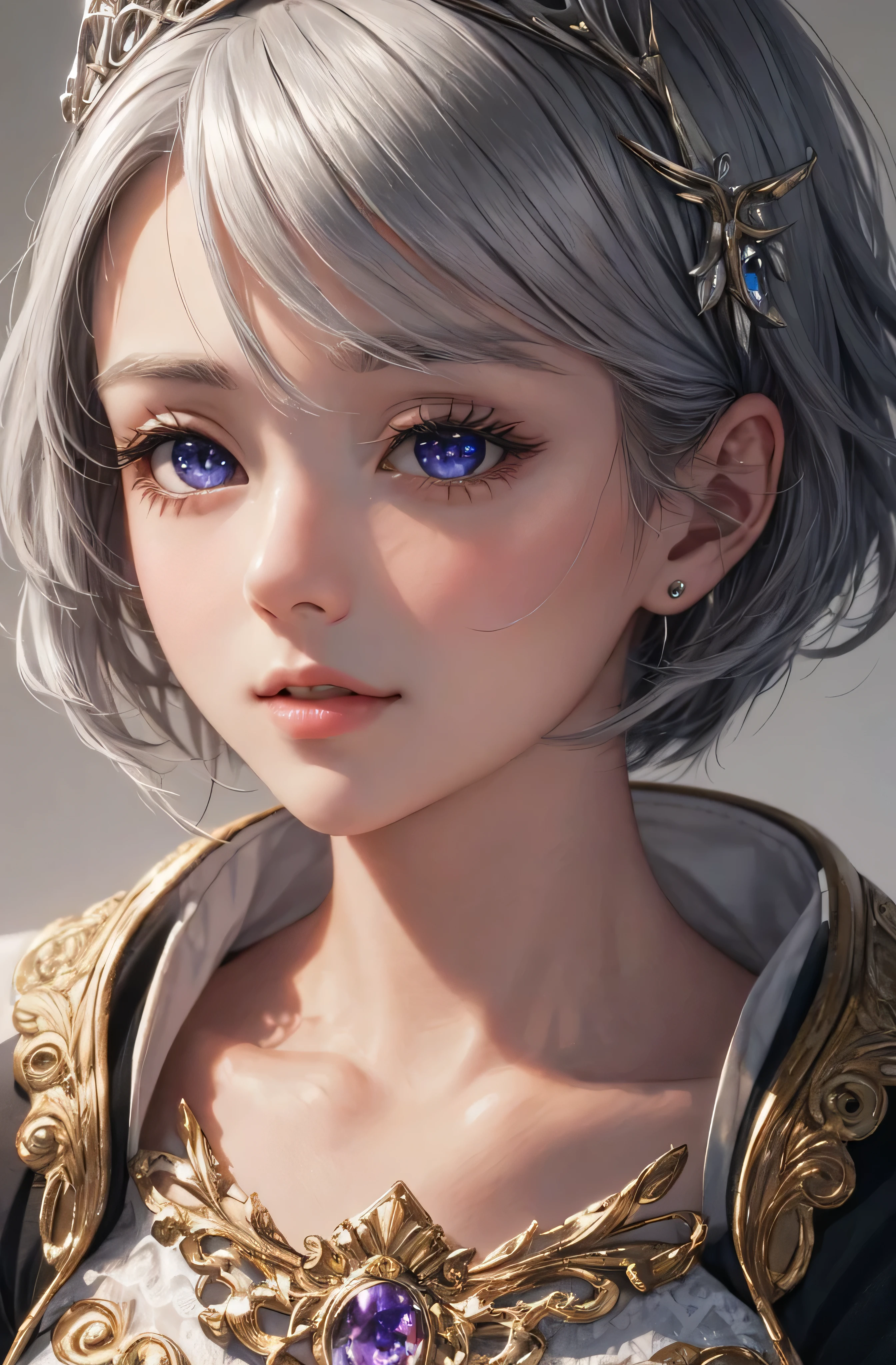 Upper body、face is in front、profile、8K、real photos、ultra high resolution, master parts, highest quality, ticker , cinematic images,nice girl、Ann、16 only、Annグロサクソン、double eyelid、droopy eyes、very big eyes、eyes are purple、dark eye shadow、lips are very thin、The tip of your nose grows beautifully.........................................、the tip of the nose is small,,,,, very detailed , silver hair、straight short hair、smile、 sweet expression 、very beautiful woman、long legs、 very clear shadows , jewelry , sexy 、）, fine eyes, Very difficult, shiny skin , パーフェクトブリリAnnト, perfect sentence, dramatic shadow、white tiara on head、gold necklace around neck、White aristocratic dress with gold embroidery、
