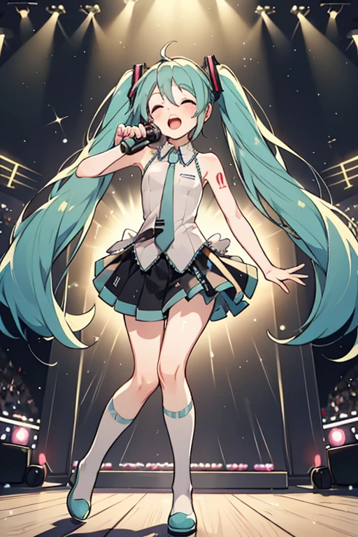 concert venue, stage, Hatsune Miku, singing, 24歳のHatsune Miku, body-fitting clothing, sleeveless costume, stand microphone, mini skirt, knee socks, 