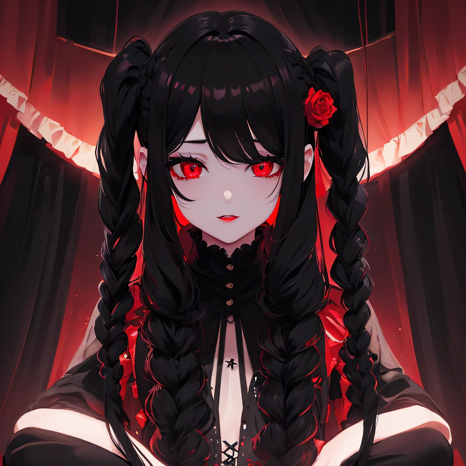 1 girl,Depp's Sense,confused,catch light,Super beautiful illustration,(black color,long hairstyles:1.6),dark dark eyeshadow,bright red lipstick,Gothic Lolita,;d,beautiful and delicate hair,delicate and detailed red eyes,red light effect,look around