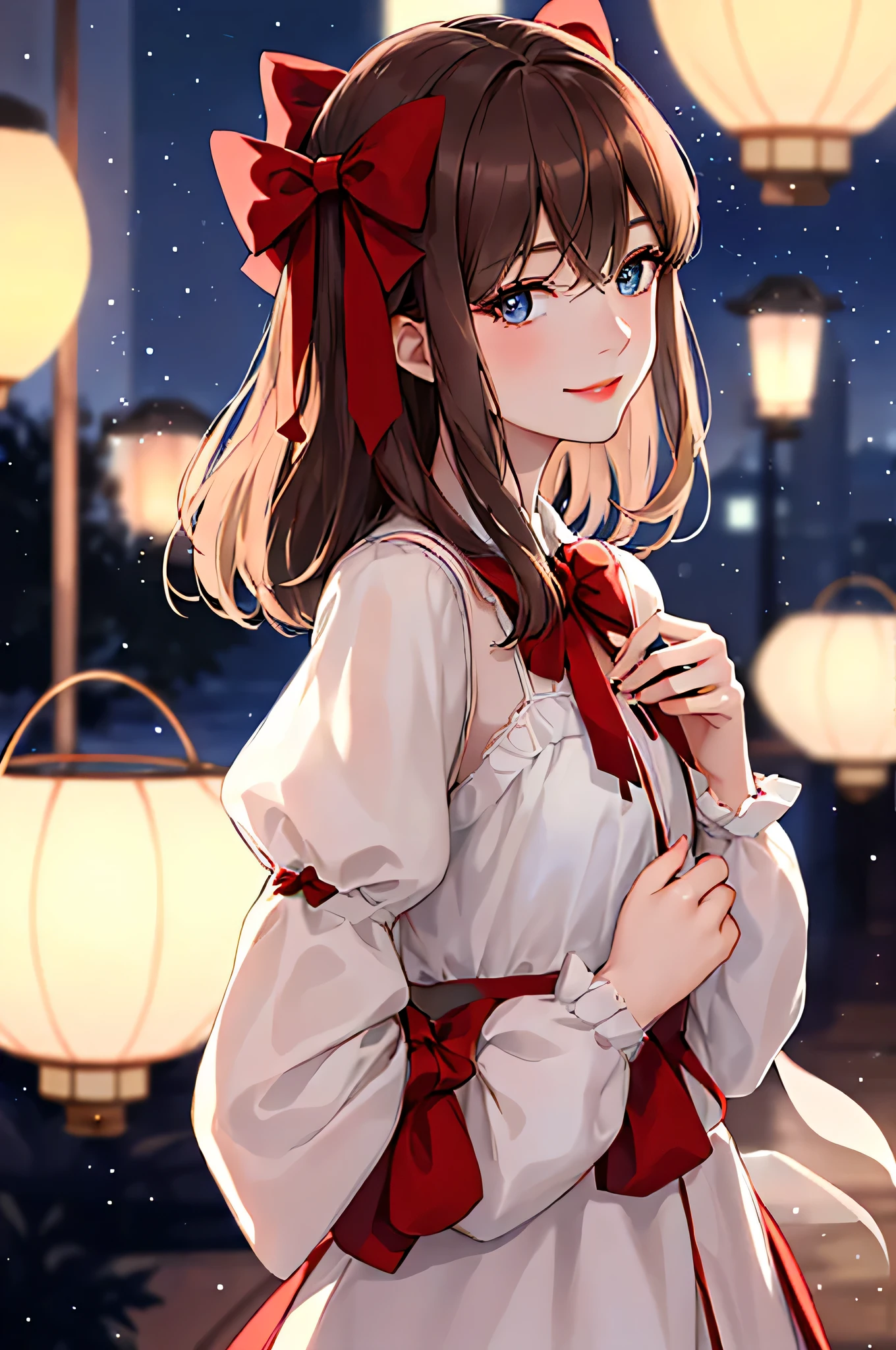 (extremely delicate and beautiful:1.2),1girl,fashi-girl, bangs, blue eyes, blurry, blurry background, bow, brown hair, closed mouth, from side, hair between eyes, hair bow, lantern, light particles, long sleeves, looking at viewer, medium hair, night, red bow, solo, star \(symbol\), upper body,smile,red lips
