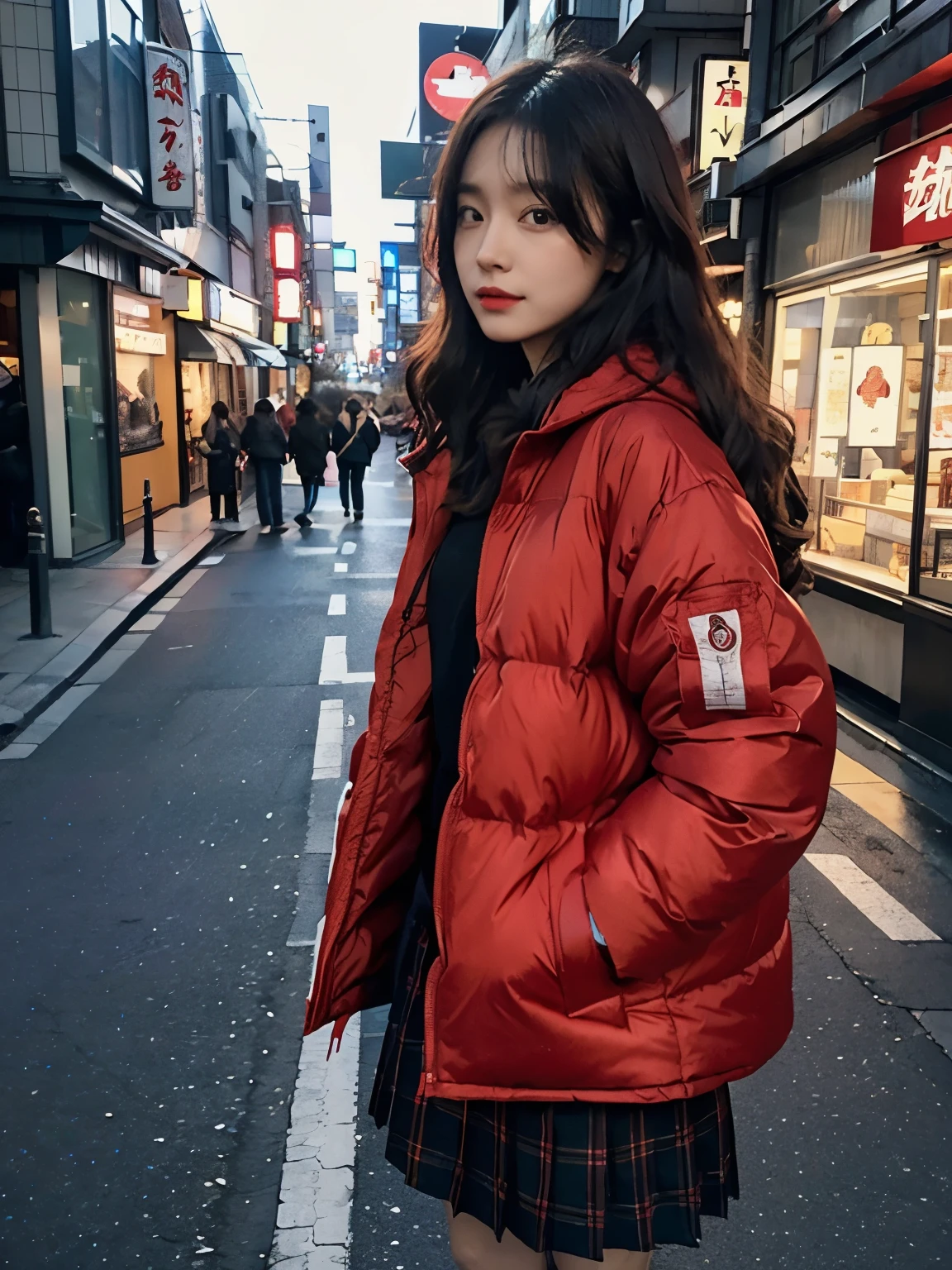 fullbody, (((wearing big red Down jacket ))), wearing long red skirt,// Bewitching eyes, well-balanced eyes, //street snap // ((facing viewer)), //at the street in tokyo, //japanese lady, pale skin, //permanent wave, long hair, //((standing)), high quality:1.3, Professional lighting:2.0 realistic:1.2, 4k resolution, detailed skin, masterpiece:1.1
