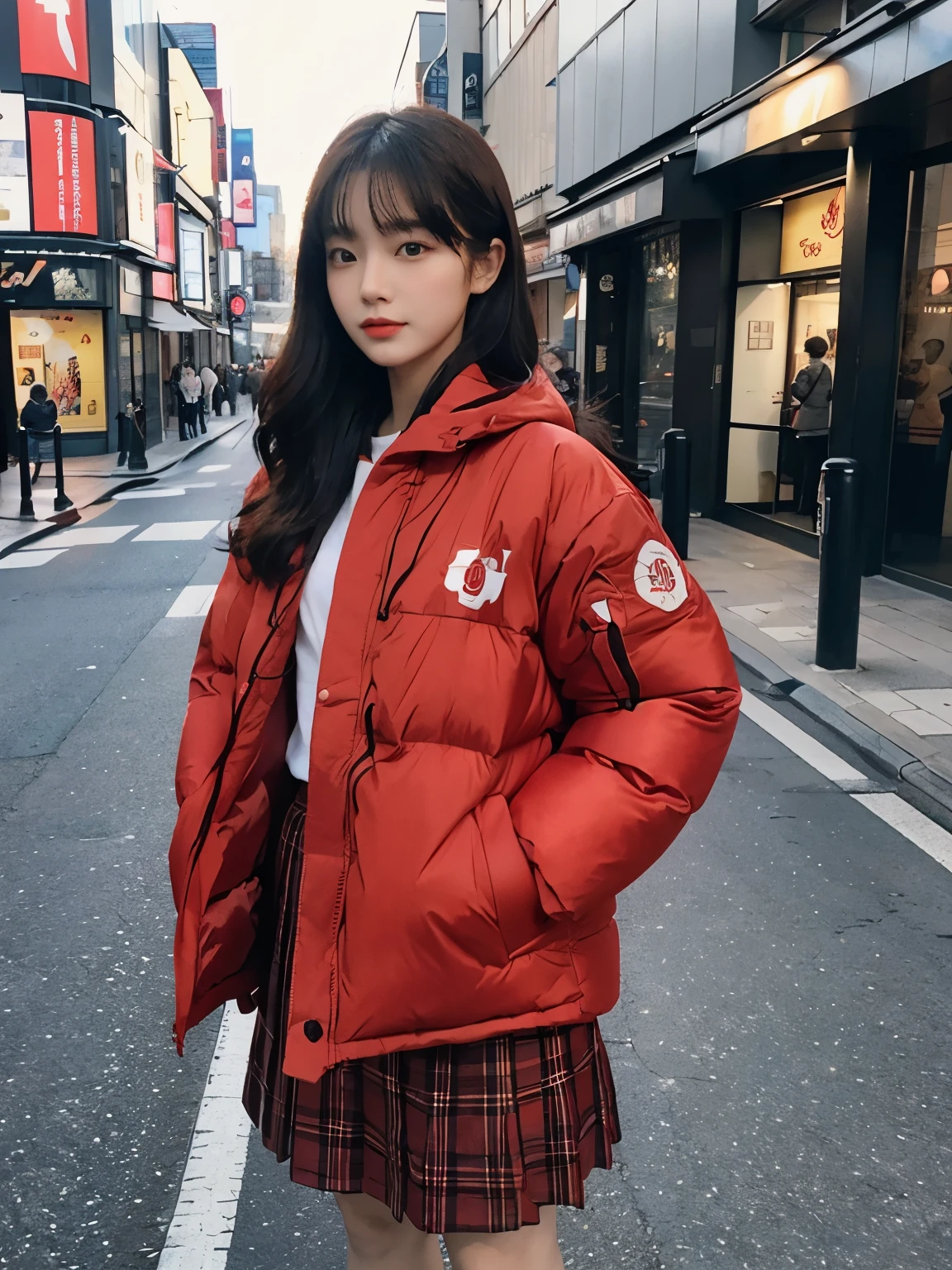 fullbody, (((wearing big red Down jacket ))), wearing long red skirt,// Bewitching eyes, well-balanced eyes, //street snap // ((facing viewer)), //at the street in tokyo, //japanese lady, pale skin, //permanent wave, long hair, //((standing)), high quality:1.3, Professional lighting:2.0 realistic:1.2, 4k resolution, detailed skin, masterpiece:1.1