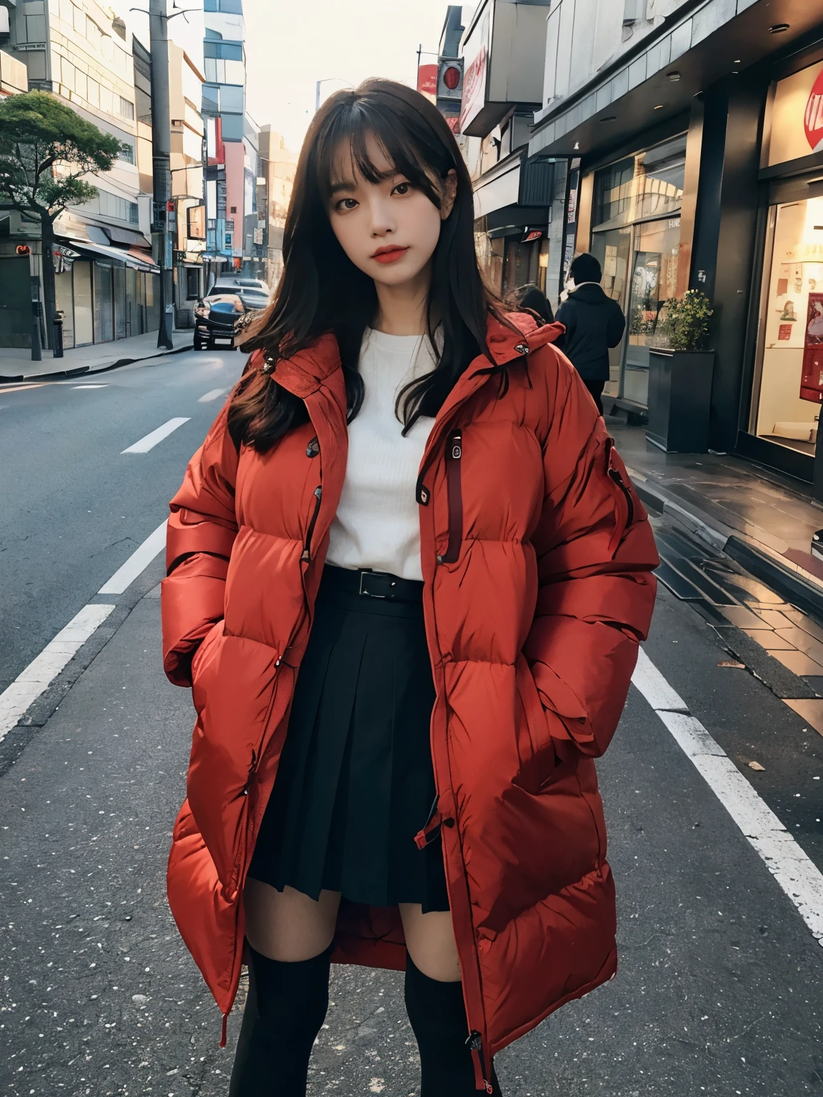 fullbody, (((wearing big red Down jacket ))), wearing long red skirt,// Bewitching eyes, well-balanced eyes, //street snap // ((facing viewer)), //at the street in tokyo, //japanese lady, pale skin, //permanent wave, long hair, //((standing)), high quality:1.3, Professional lighting:2.0 realistic:1.2, 4k resolution, detailed skin, masterpiece:1.1
