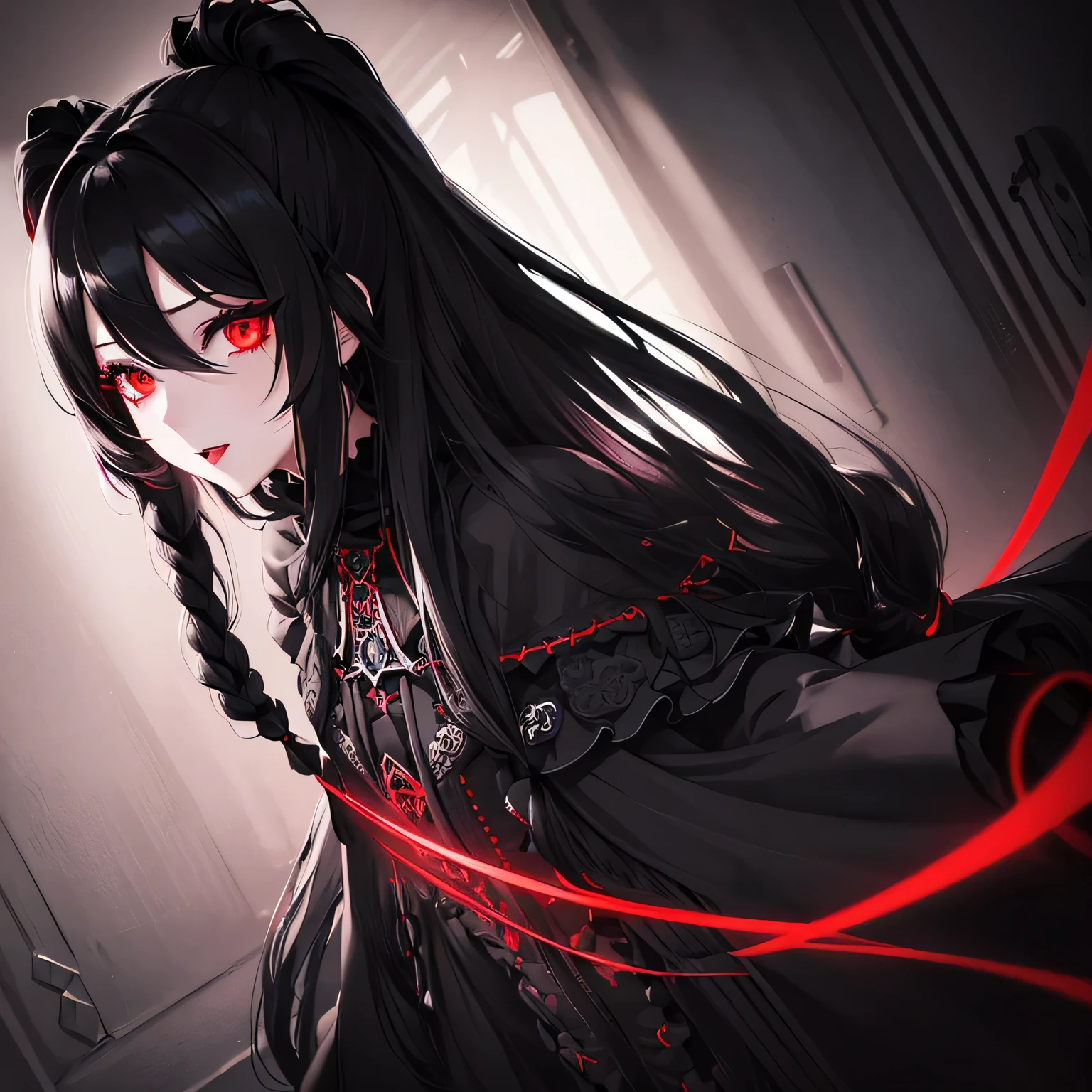 1 girl,Depp's Sense,confused,catch light,Super beautiful illustration,(black color,long hairstyles:1.6),dark dark eyeshadow,bright red lipstick,Gothic ta,;d,beautiful and delicate hair,delicate and detailed red eyes,red light effect,look around