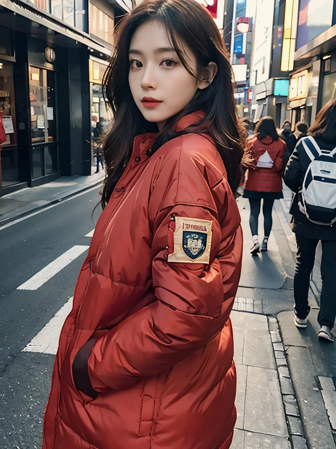 fullbody, (((wearing big red Down jacket ))), wearing long red skirt,// Bewitching eyes, well-balanced eyes, //street snap // ((facing viewer)), //at the street in tokyo, //japanese lady, pale skin, //permanent wave, long hair, //((standing)), high quality:1.3, Professional lighting:2.0 realistic:1.2, 4k resolution, detailed skin, masterpiece:1.1