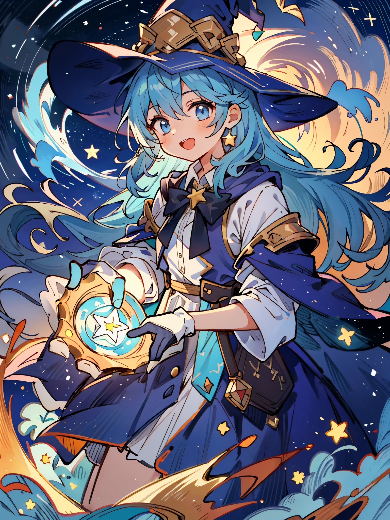 ((masterpiece:1.2, best quality)), 1girl, solo, (witch hat), a close up of a girl with curly hair, dress, aurora, night, star (sky), gloves, sky, dress, night sky, open mouth, starry sky, light blue eyes, ribbons, smile, cape, blue hair, magic, casting spell, night, (impressionism:1.4), alphonse mucha, Halloween colors, colorful candy, casting a spell, magical lights