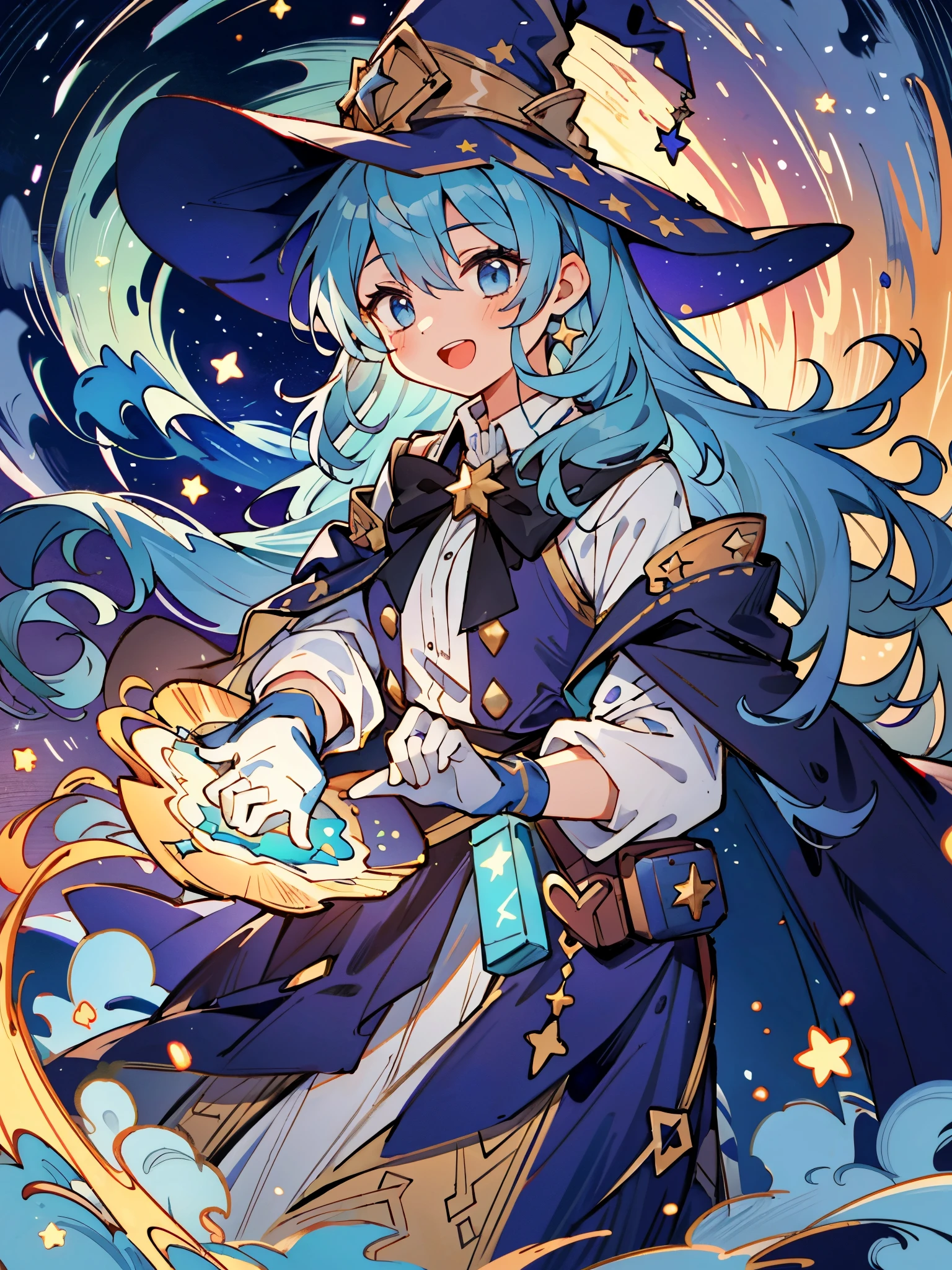 ((masterpiece:1.2, best quality)), 1girl, solo, (witch hat), a close up of a girl with curly hair, dress, aurora, night, star (sky), gloves, sky, dress, night sky, open mouth, starry sky, light blue eyes, ribbons, smile, cape, blue hair, magic, casting spell, night, (impressionism:1.4), alphonse mucha, Halloween colors, colorful candy, casting a spell, magical lights