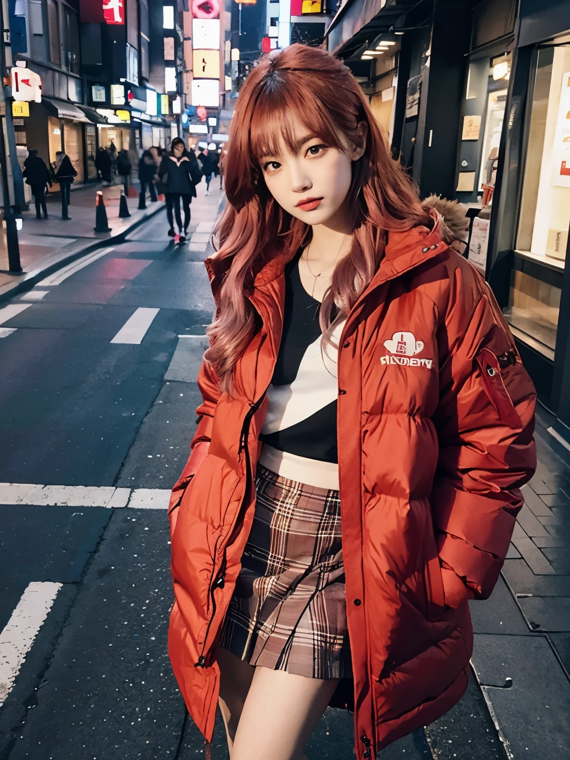 fullbody, (((wearing big red Down jacket ))), wearing long red skirt,// Bewitching eyes, well-balanced eyes, //street snap // ((facing viewer)), //at the street in tokyo, //japanese lady, pale skin, //permanent wave, pink hair, //((standing)), high quality:1.3, Professional lighting:2.0 realistic:1.2, 4k resolution, detailed skin, masterpiece:1.1