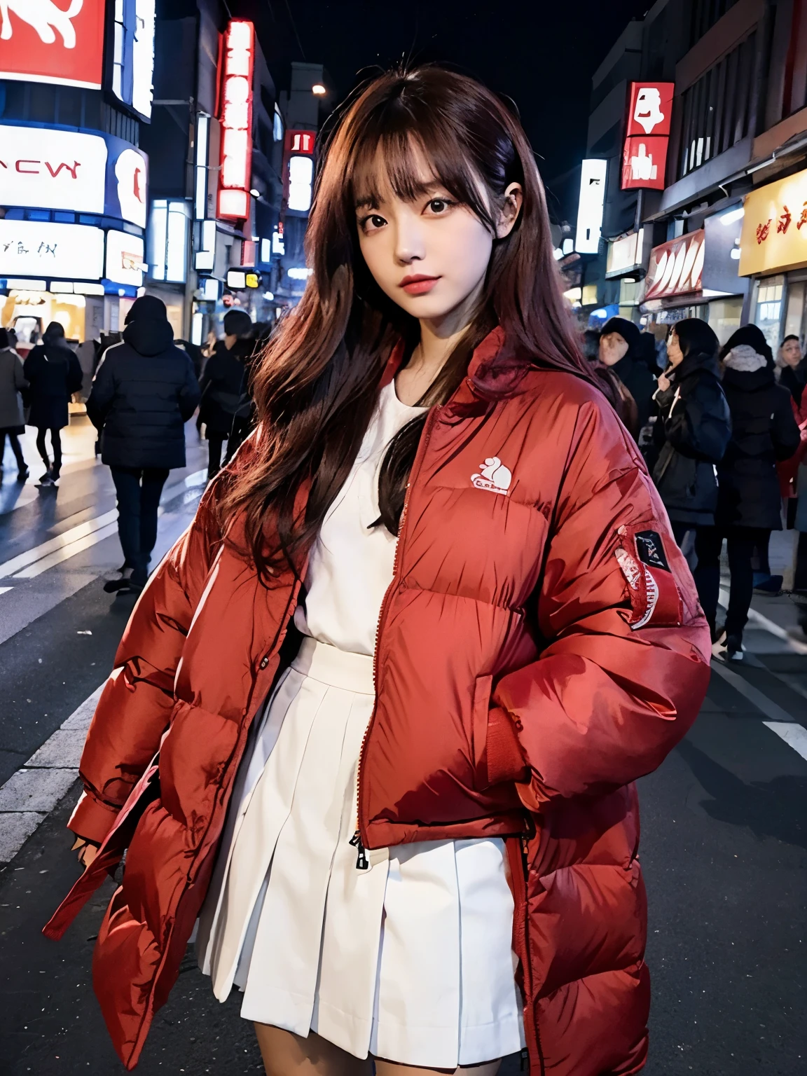 fullbody, (((wearing big red Down jacket ))), wearing long red skirt,// Bewitching eyes, well-balanced eyes, //street snap // ((facing viewer)), //at the street in tokyo, //japanese lady, pale skin, //permanent wave, pink hair, //((standing)), high quality:1.3, Professional lighting:2.0 realistic:1.2, 4k resolution, detailed skin, masterpiece:1.1