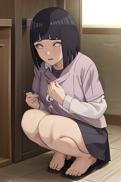 anime girl with black hair and a white shirt holding a black object, hinata hyuga, hinata hyuga from naruto, from naruto, the anime girl is crouching, beautiful anime girl squatting, pain from naruto, cell shaded adult animation, by Shingei, nezuko-chan, kotegawa yui, clean cel shaded