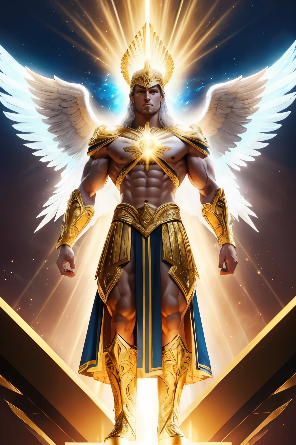 Introducing Aegis, the divine guardian angel, muscular and statuesque, his chiseled form glowing with ethereal light. His radiant wings stretch out behind him, feathers cast in gold and shimmering with celestial energy. A halo of pure light surrounds his head, and his piercing blue eyes radiate both unyielding strength and boundless compassion. Aegis' armor, meticulously crafted, gleams with divine splendor, each intricate detail reflecting the sacredness of his role as protector and guide. He stands tall and proud, a symbol of unwavering dedication, poised to offer comfort and shield from harm wherever