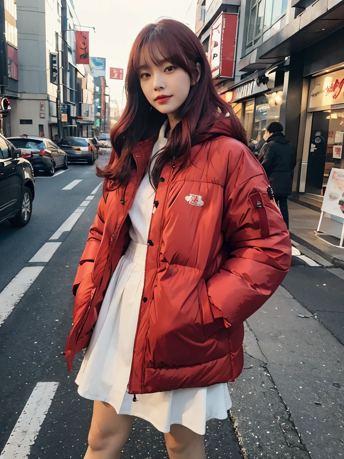 fullbody, (((wearing big red Down jacket ))), wearing long red skirt,// Bewitching eyes, well-balanced eyes, //street snap // ((facing viewer)), //at the street in tokyo, //japanese lady, pale skin, //permanent wave, pink hair, //((standing)), high quality:1.3, Professional lighting:2.0 realistic:1.2, 4k resolution, detailed skin, masterpiece:1.1